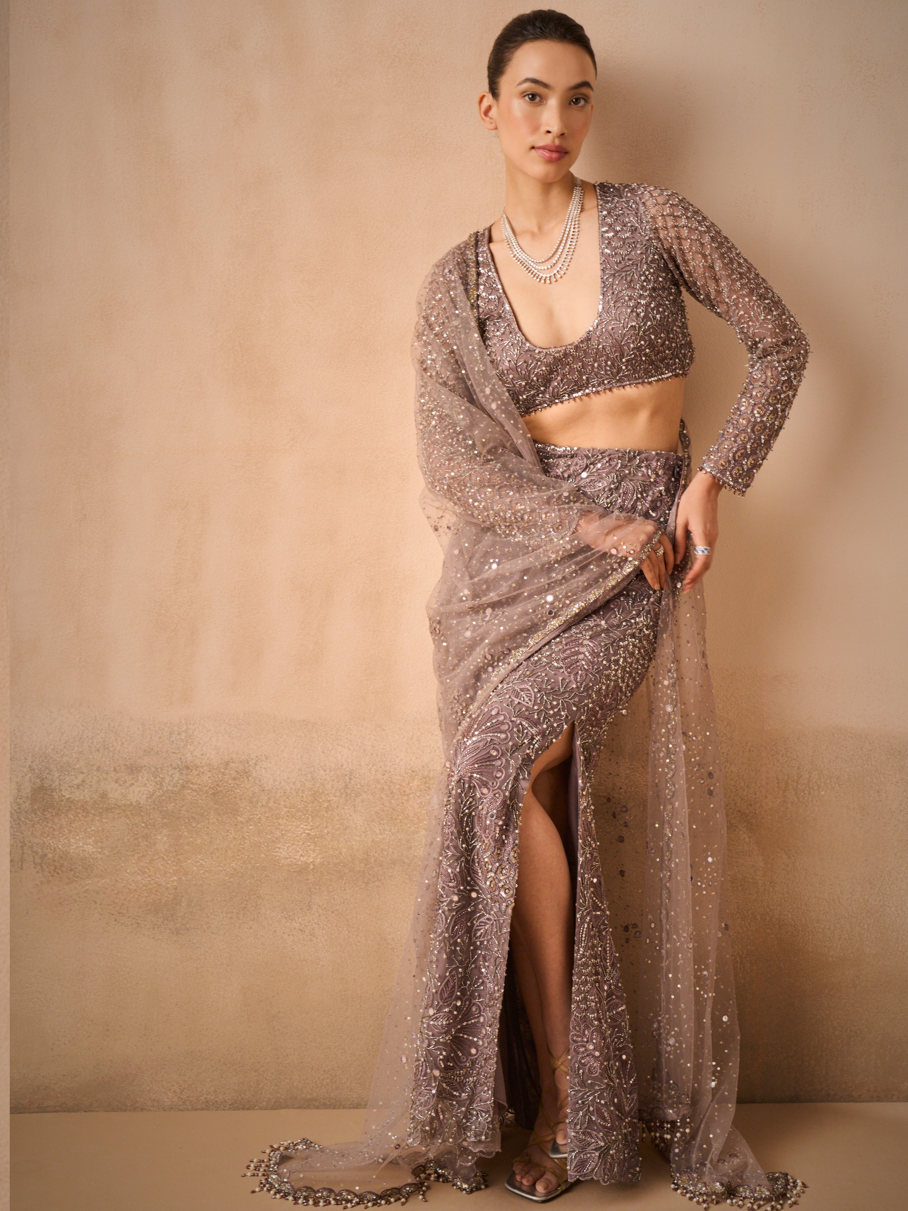 Lilac Tulle Straight Skirt with Slit