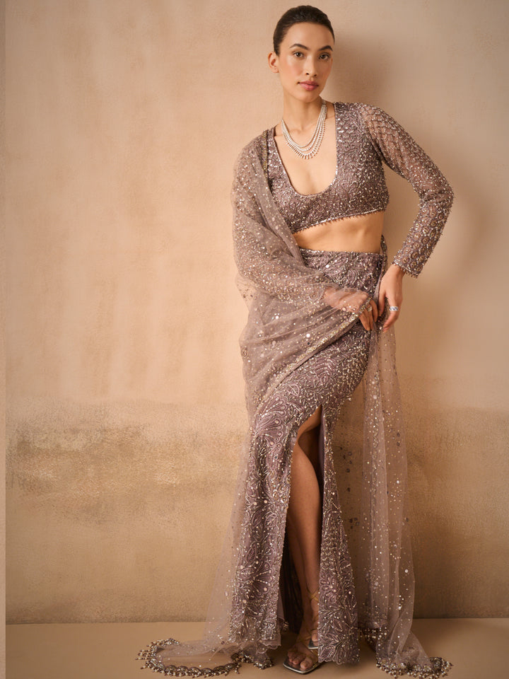 Lilac Tulle Straight Skirt with Slit