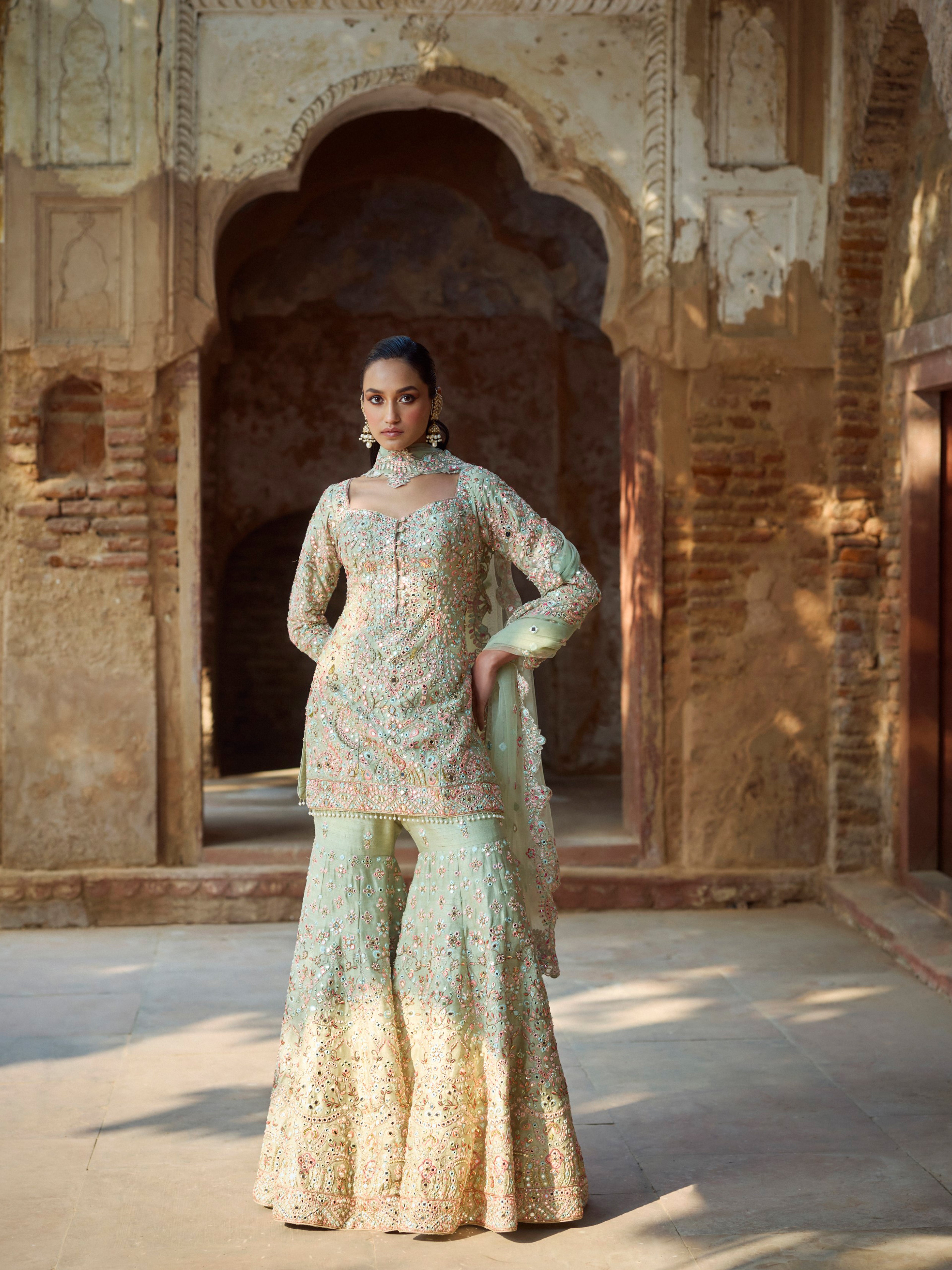 Mint Green Raw Silk Gharara Set