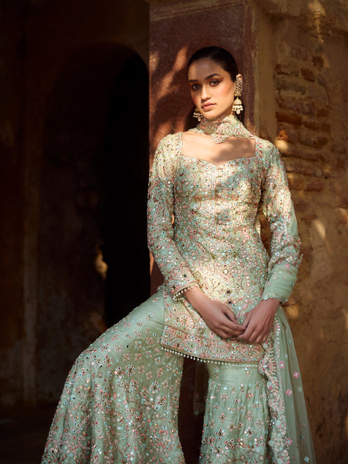 Mint Green Raw Silk Gharara Set