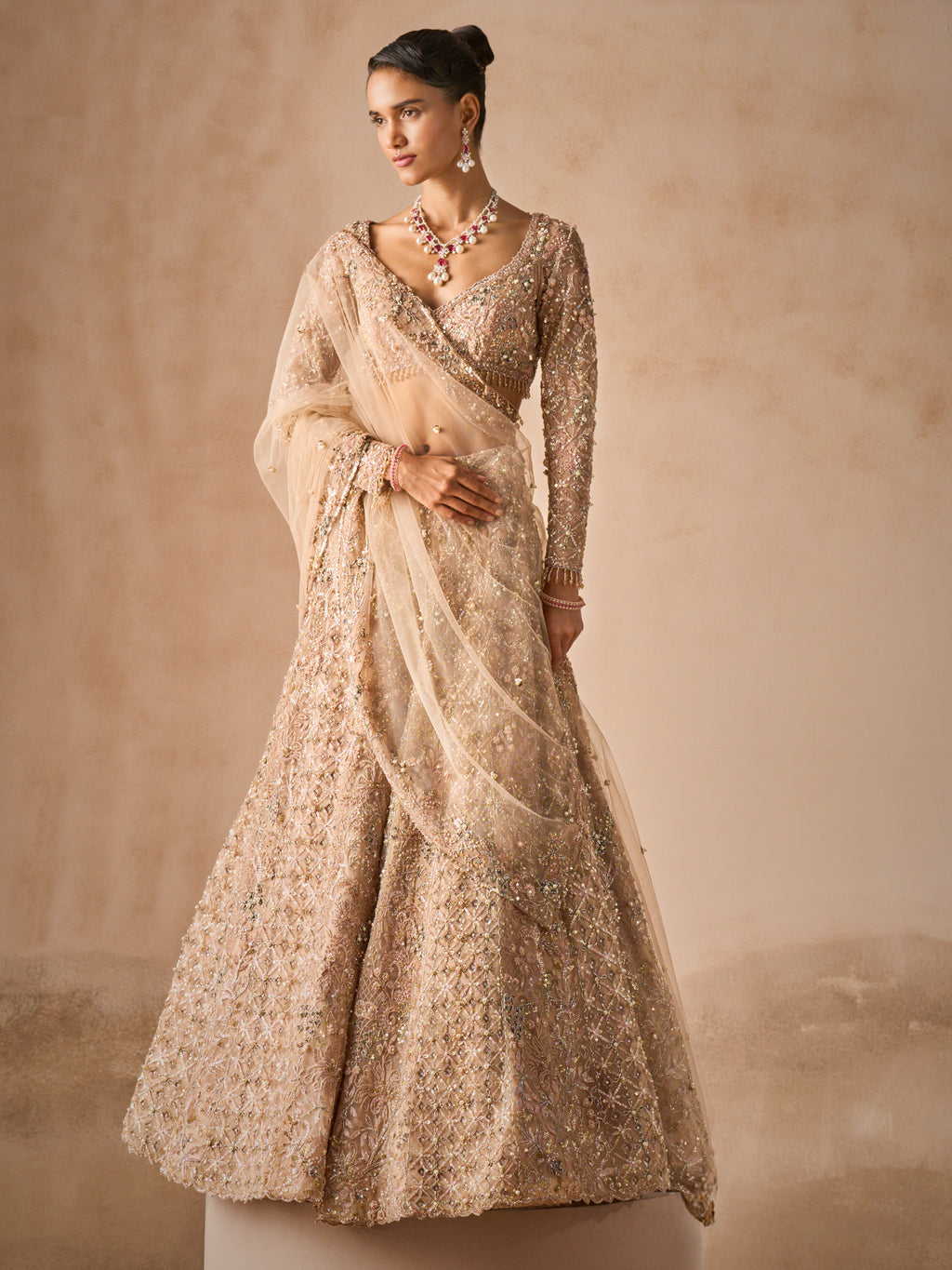 Beige Nude Tulle Lehenga Set