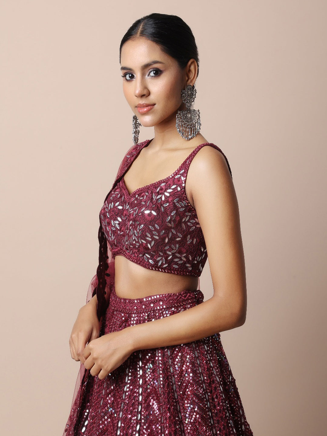 Plum lehenga set with foil, thread and dori work
