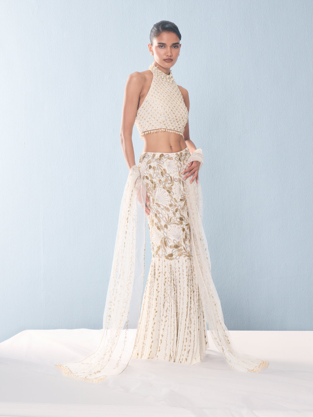 Ivory Georgette Fit and Flare Lehenga