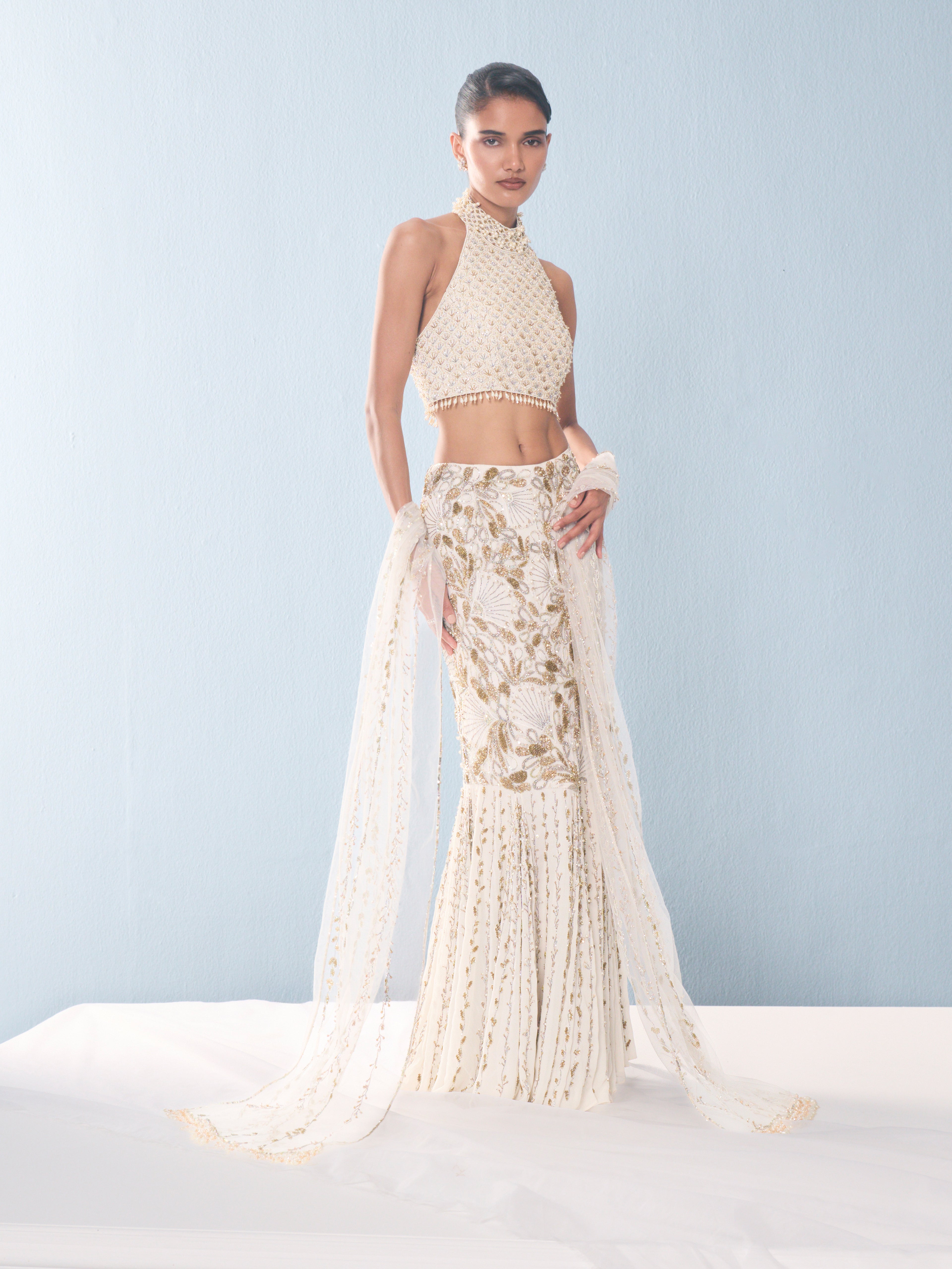 Ivory Georgette Fit and Flare Lehenga