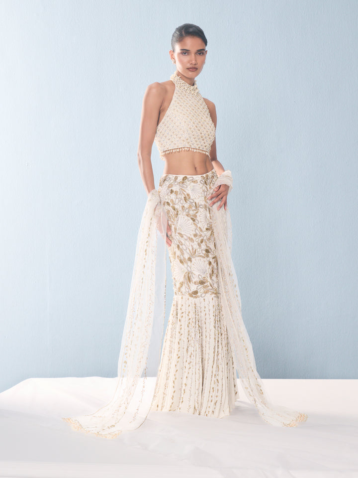 Ivory Georgette Fit and Flare Lehenga
