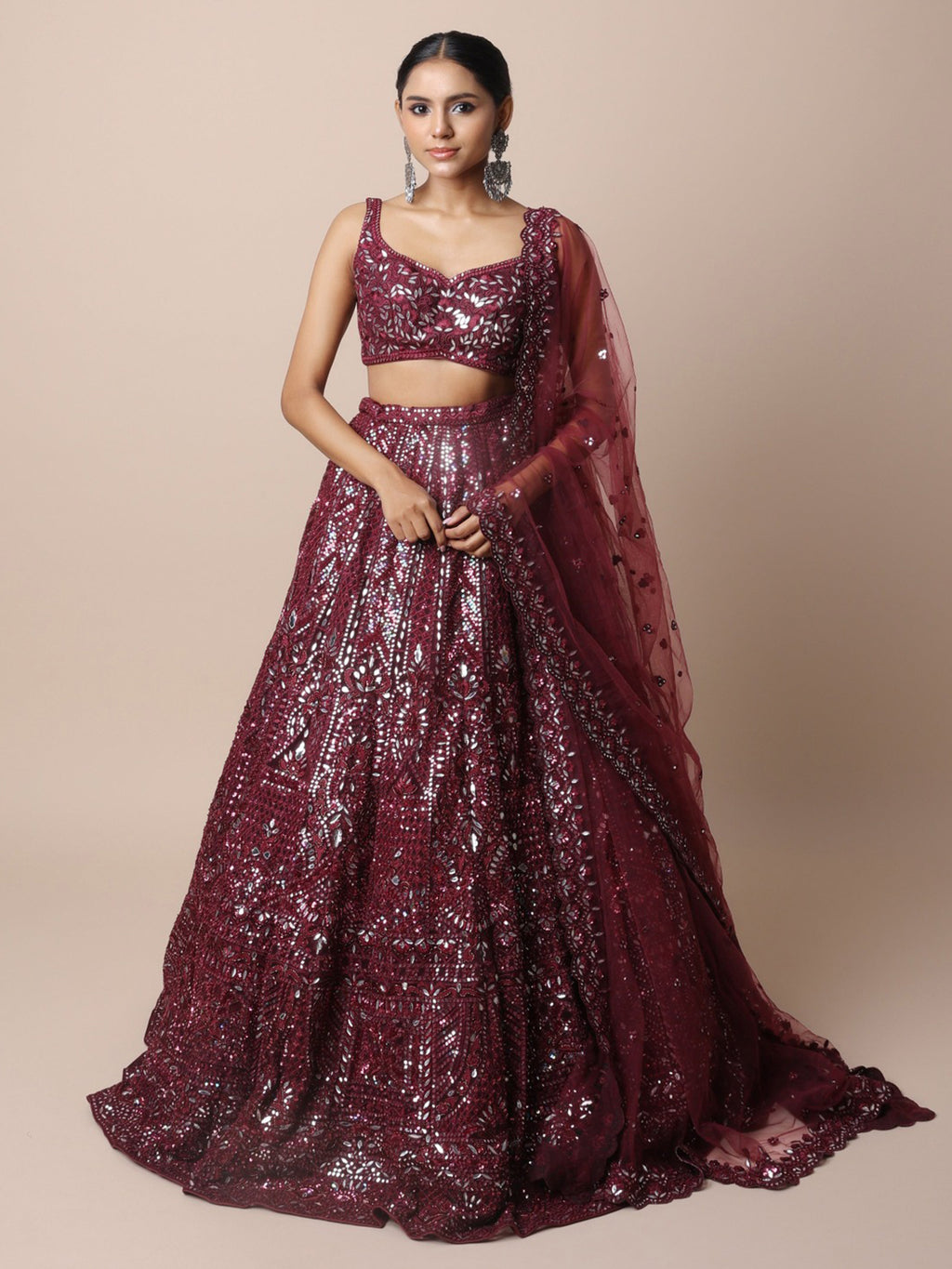 Plum lehenga set with foil, thread and dori work