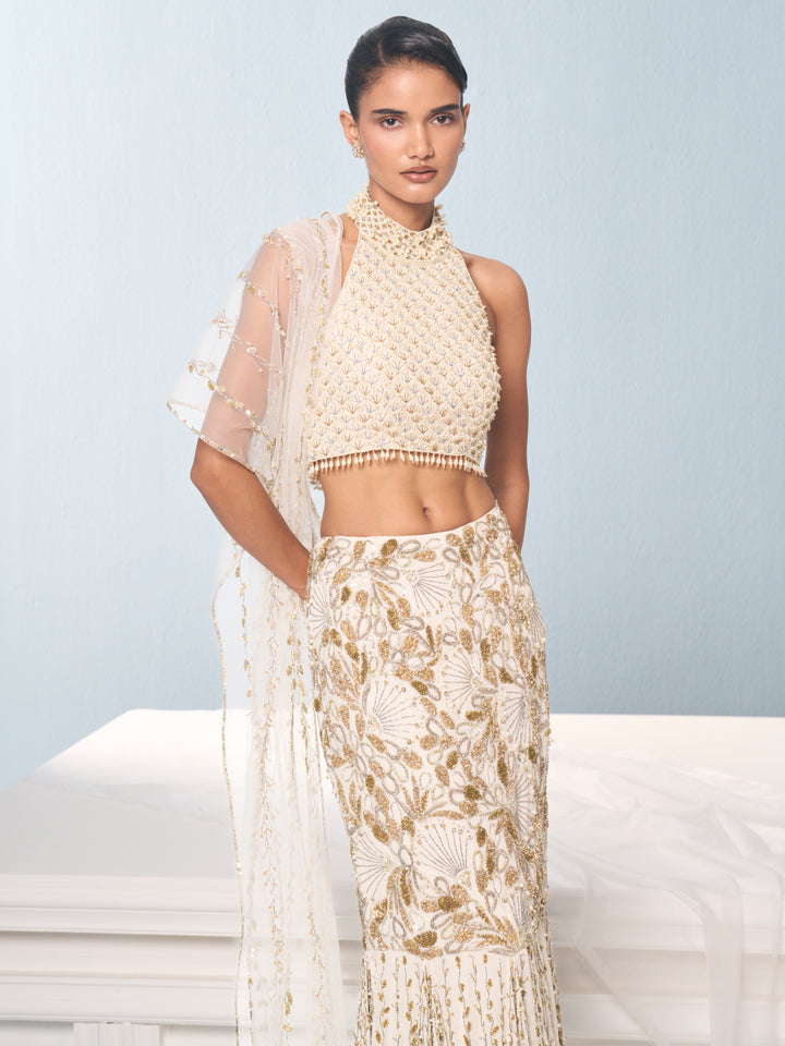Ivory Georgette Fit and Flare Lehenga