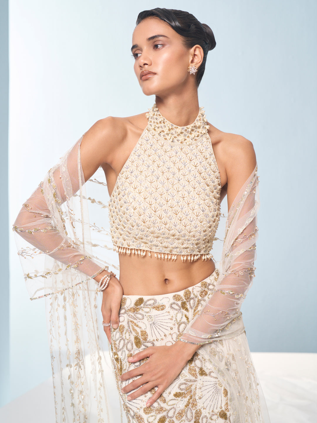 Ivory Georgette Fit and Flare Lehenga