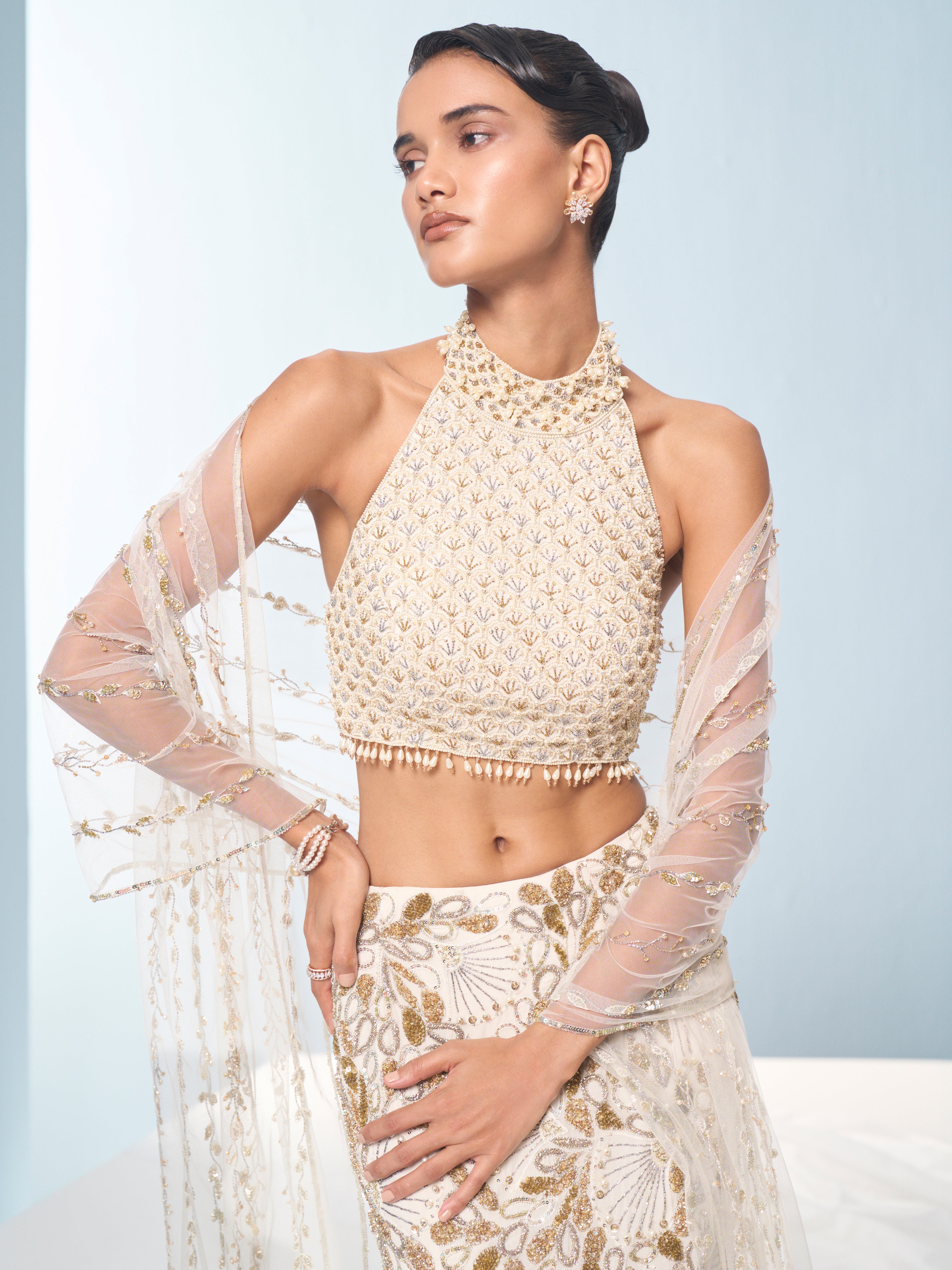 Ivory Georgette Fit and Flare Lehenga