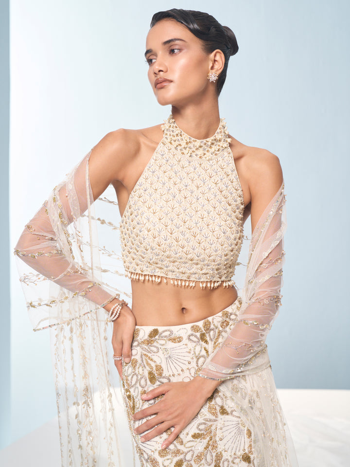 Ivory Georgette Fit and Flare Lehenga