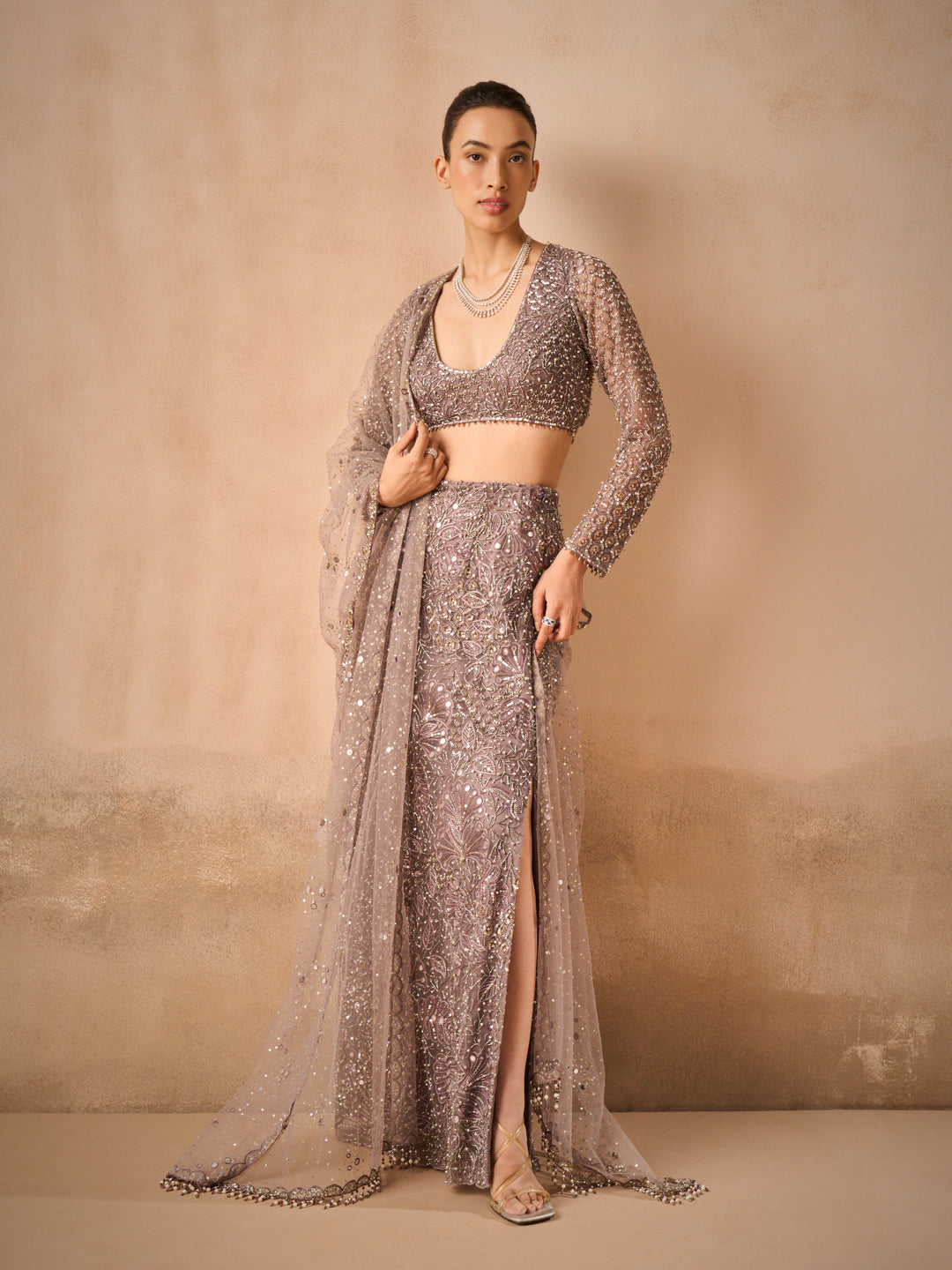 Lilac Tulle Straight Skirt with Slit