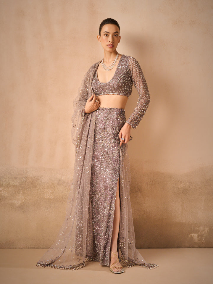 Lilac Tulle Straight Skirt with Slit