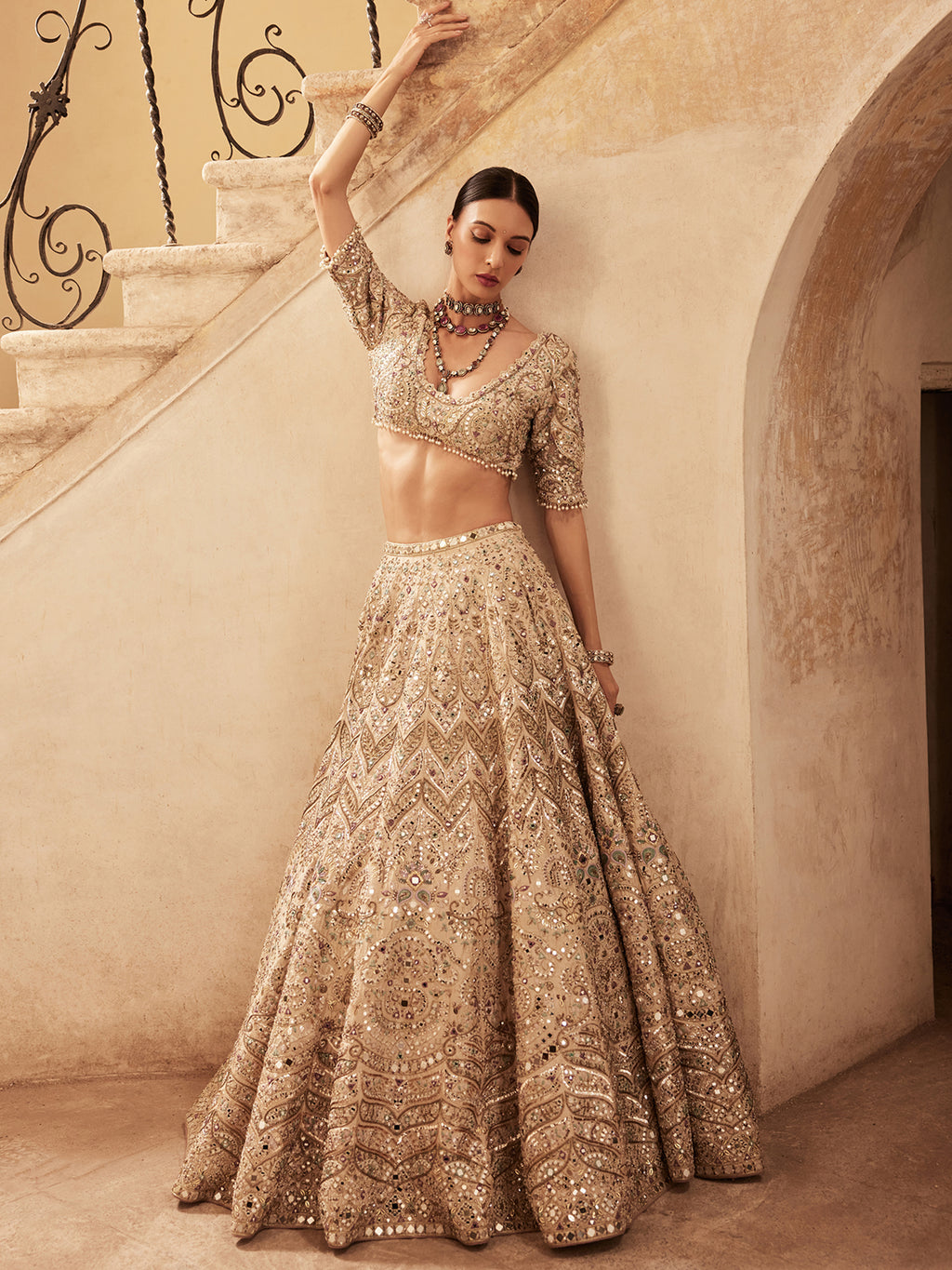 Champagne Rawsilk Mirror Lehenga Set