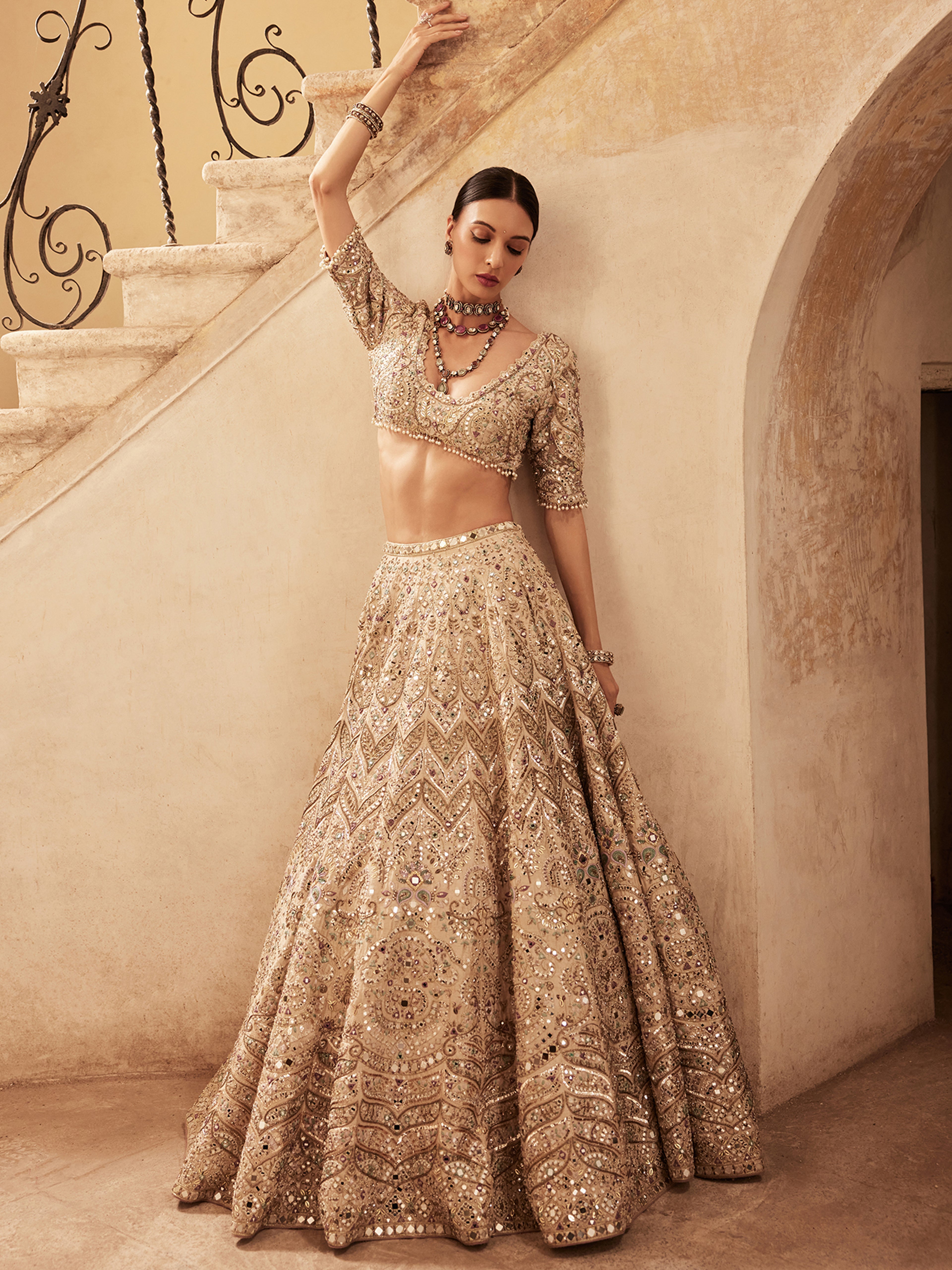 Champagne Rawsilk Mirror Lehenga Set