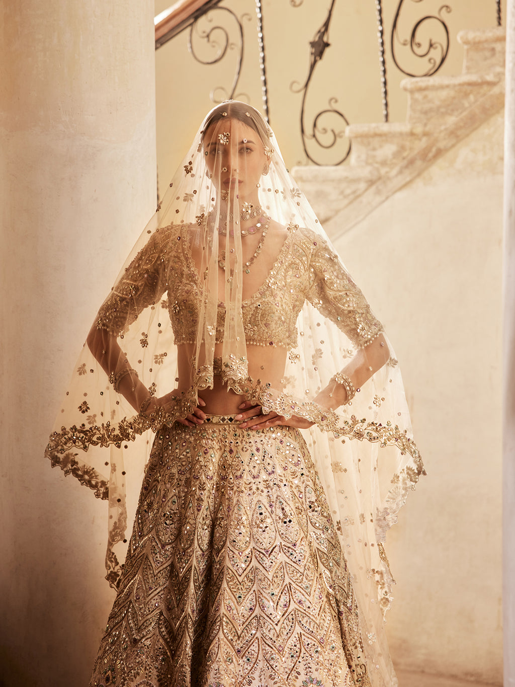 Champagne Rawsilk Mirror Lehenga Set