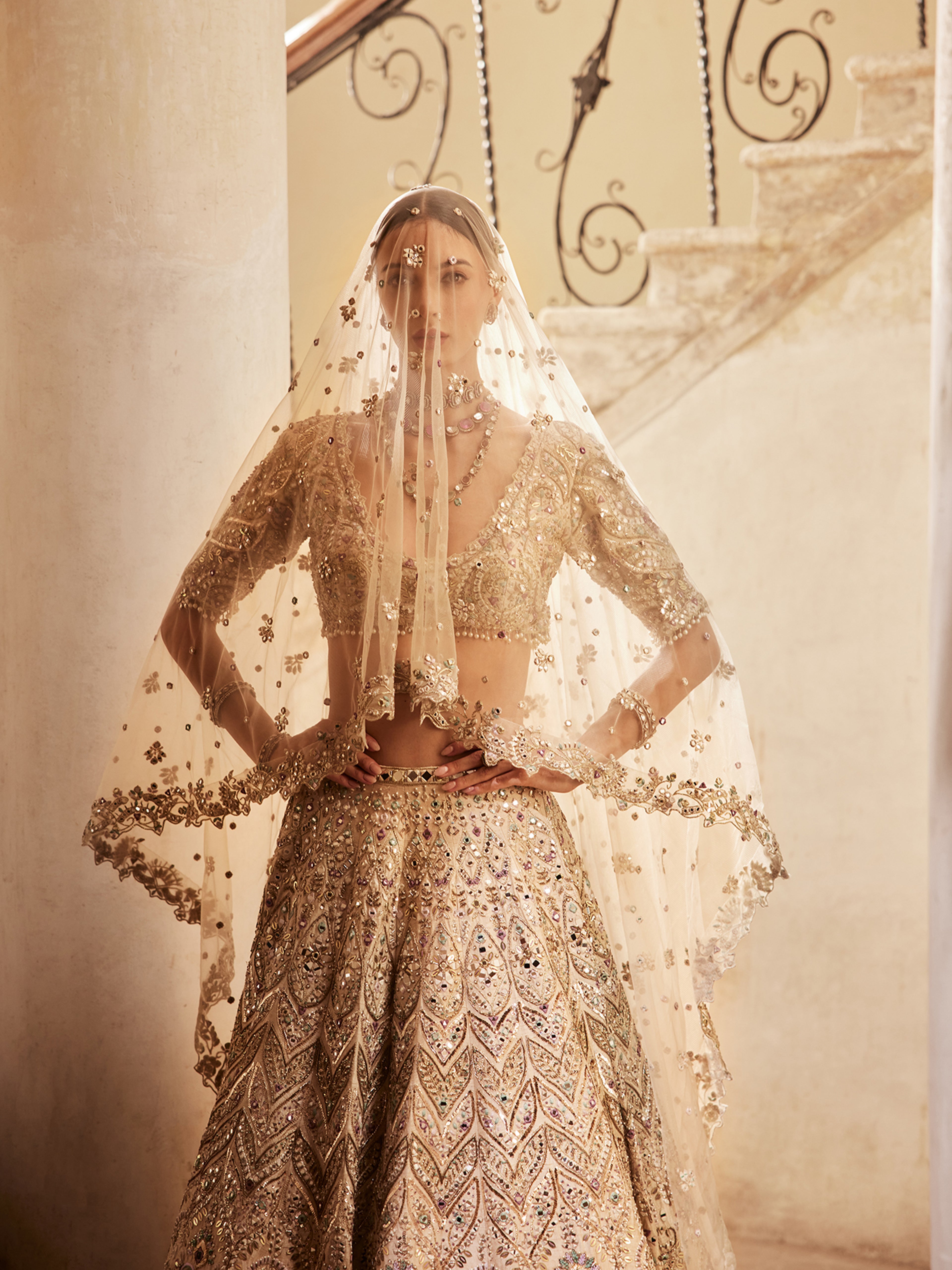 Champagne Rawsilk Mirror Lehenga Set
