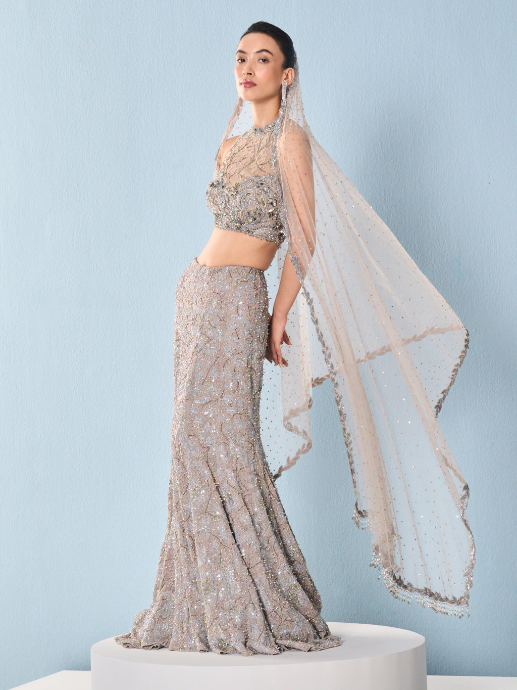 Grey Tulle Fit and Flare Lehenga Set
