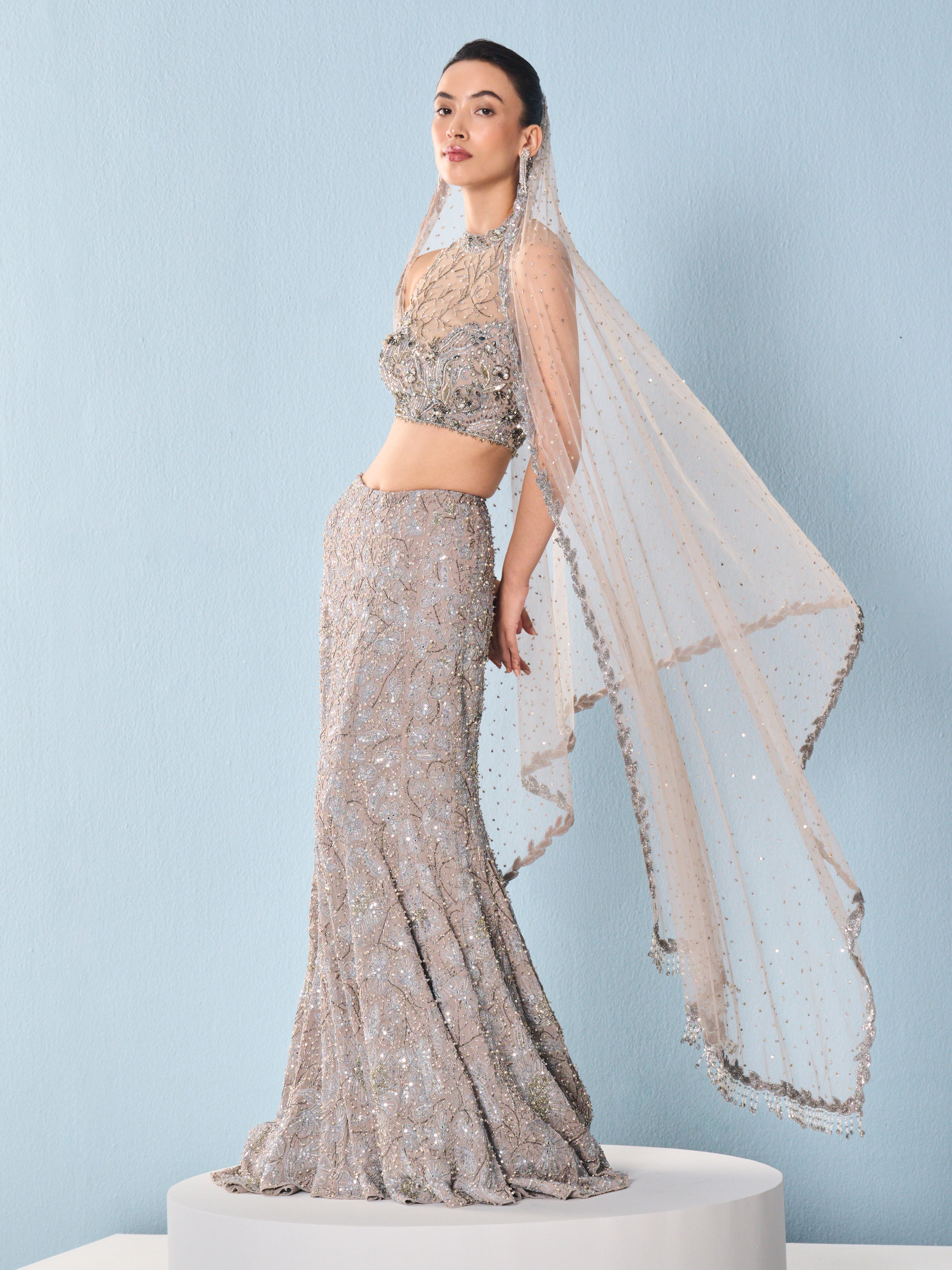 Grey Tulle Fit and Flare Lehenga Set