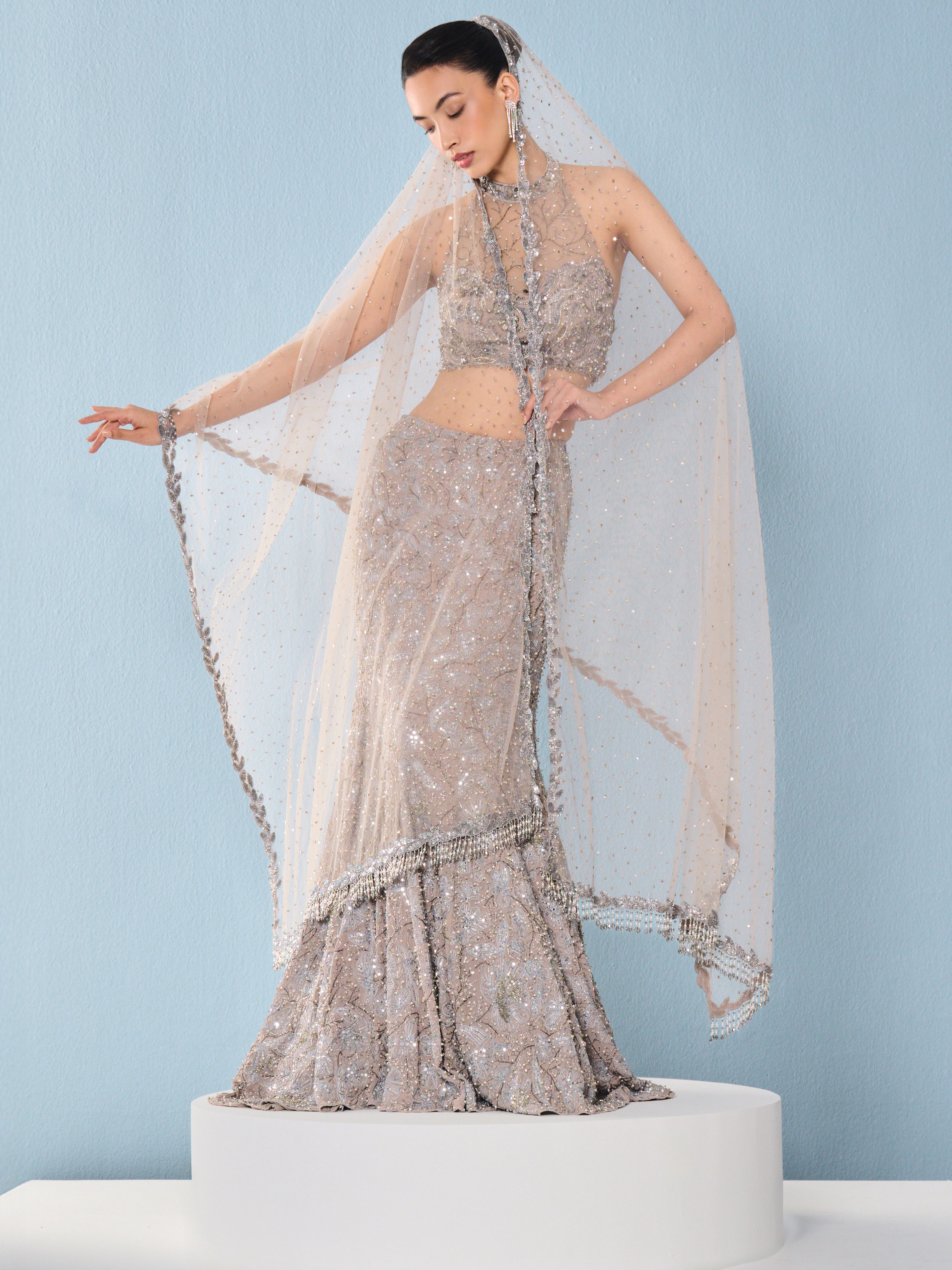 Grey Tulle Fit and Flare Lehenga Set