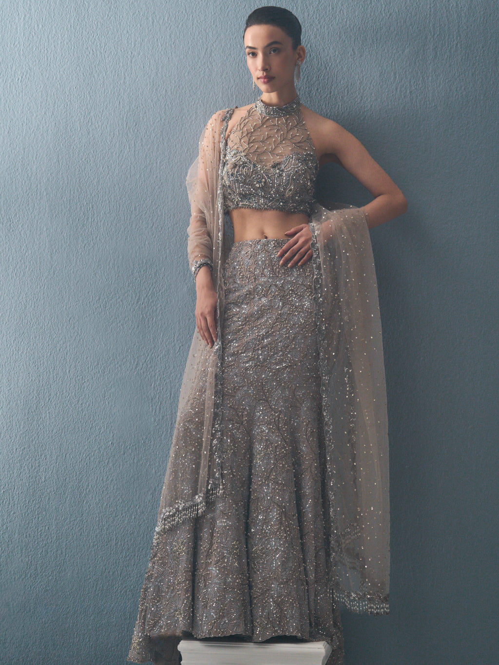 Grey Tulle Fit and Flare Lehenga Set