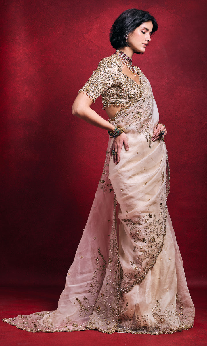 Cream Organza Saree Set