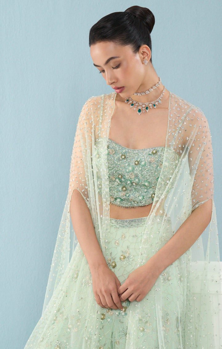 Sea Green Georgette High Waist Sharara and Cape Set