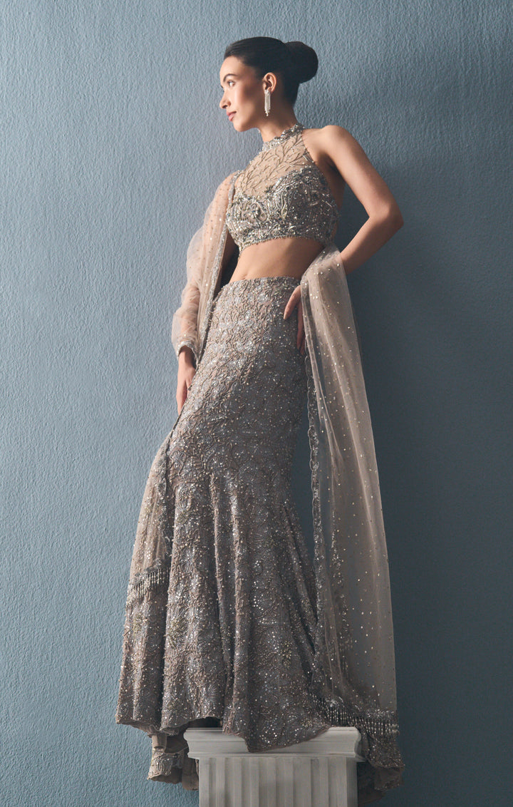 Grey Tulle Fit And Flare Lehenga Set