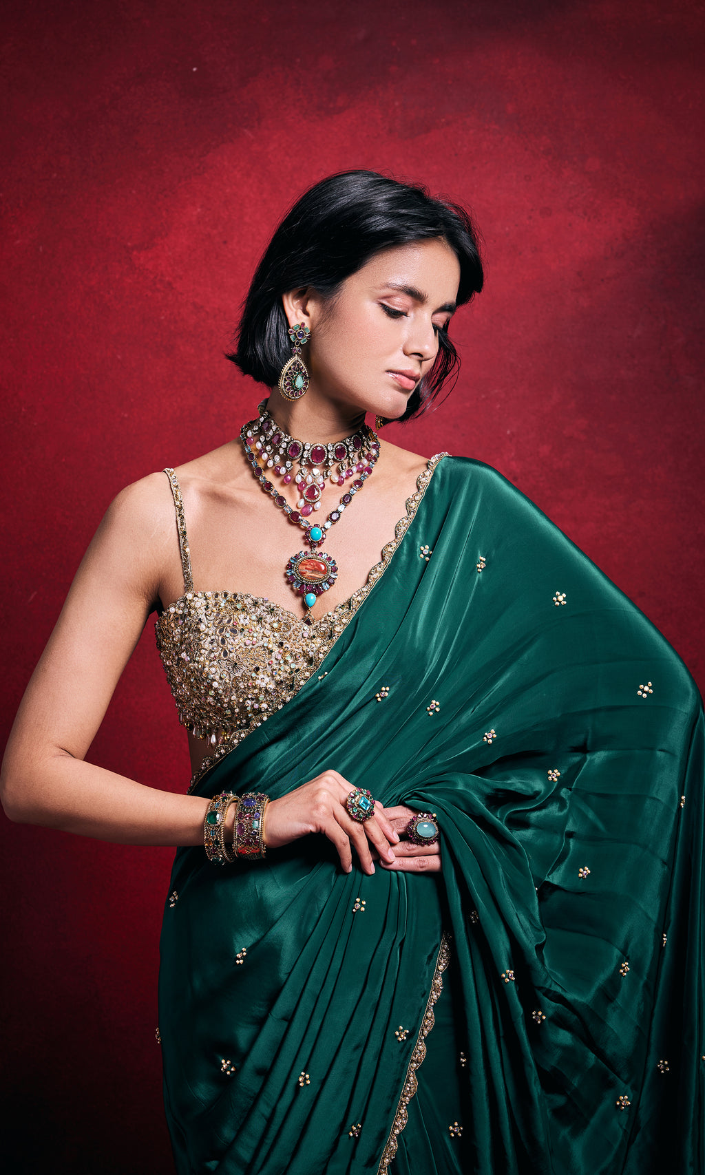 Emerald Green Crepe Saree Set