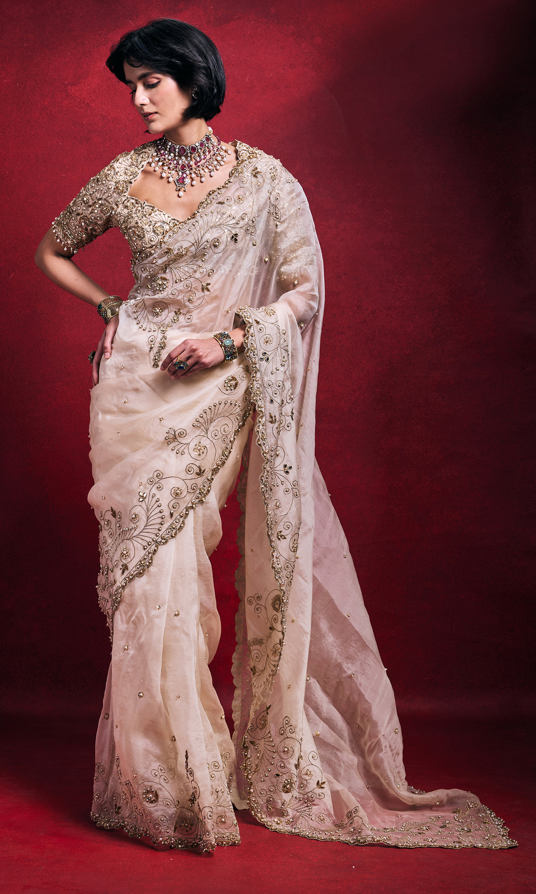 Cream Organza Saree Set