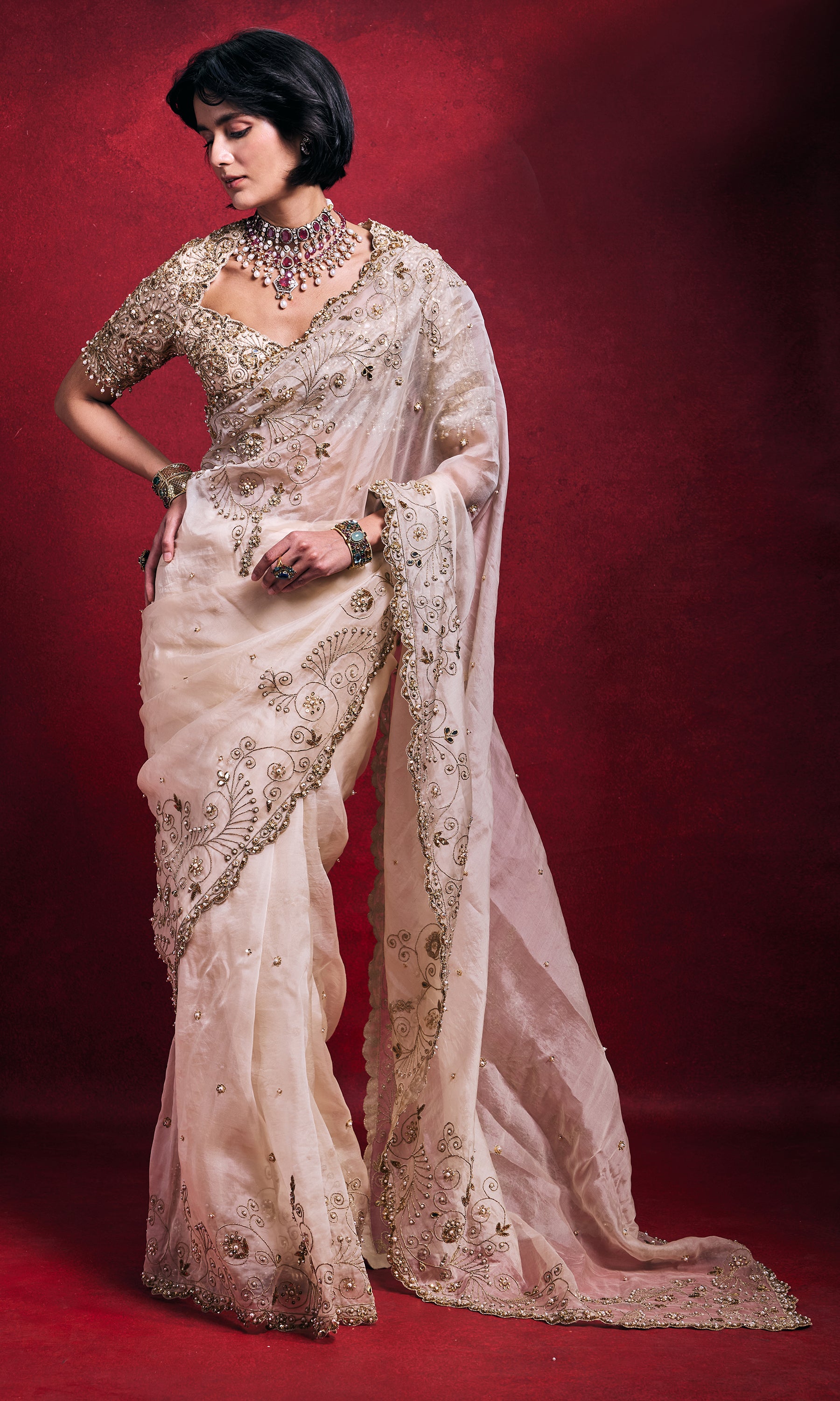 Cream Organza Saree Set