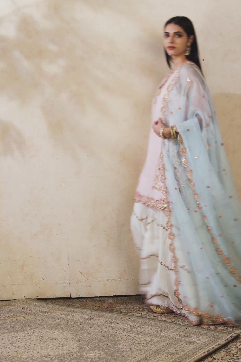 Ivory And Blue Sharara Set