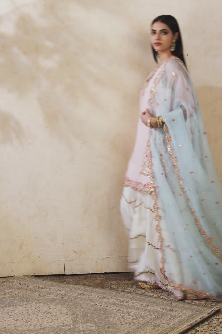Ivory And Blue Sharara Set