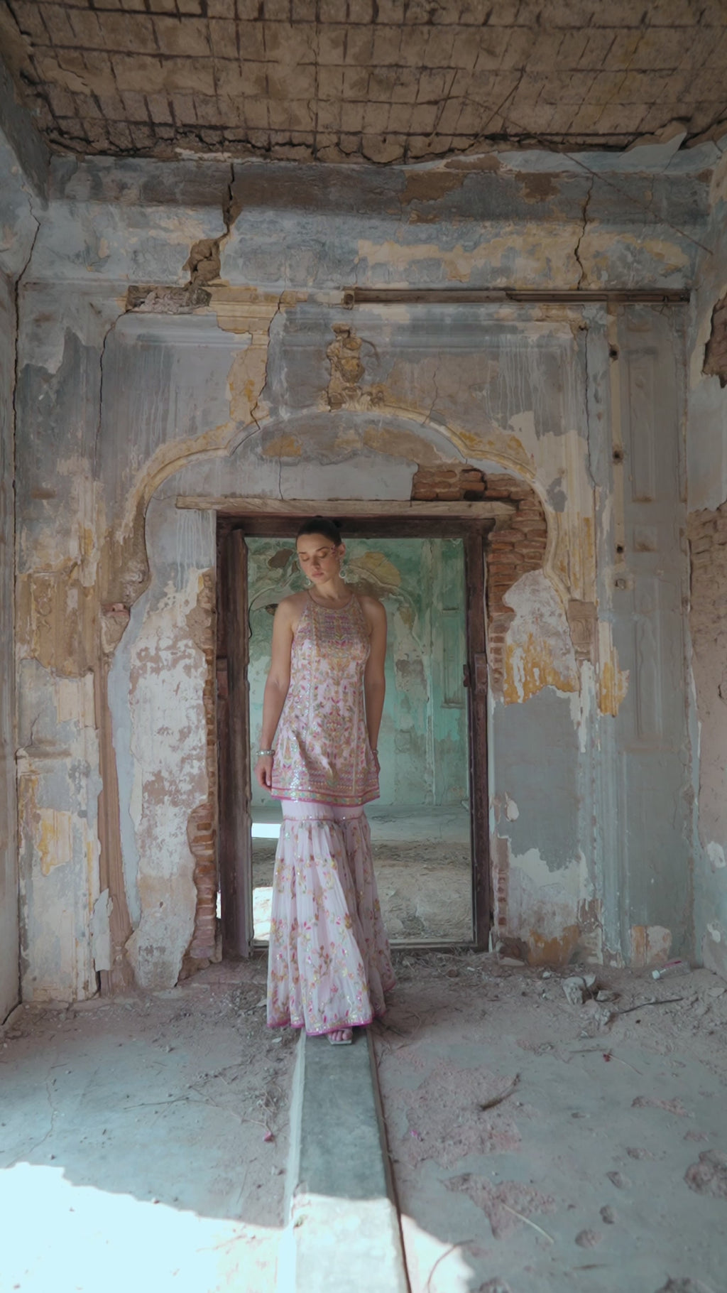 Bright Yellow Georgette Halter Gharara Set