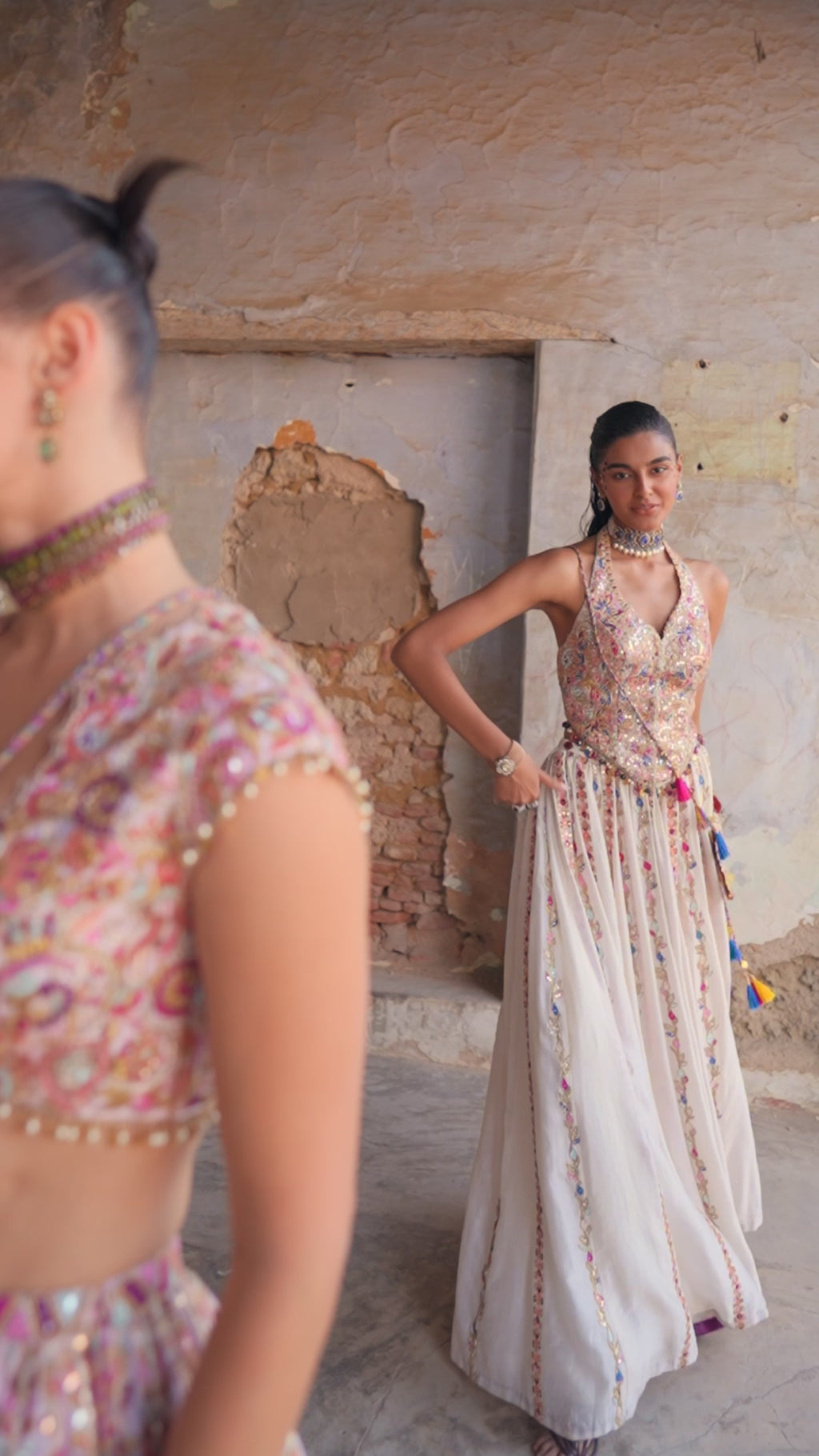 Ivory Chanderi Silk Skirt With Corset Style Embroidered Blouse