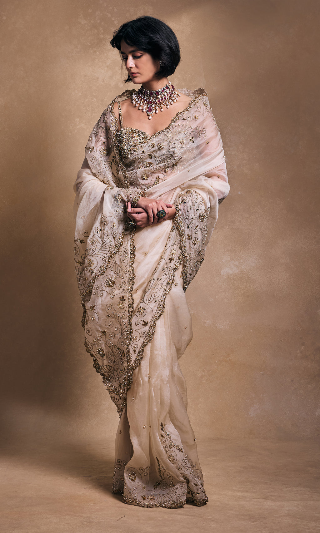 Cream Organza Saree