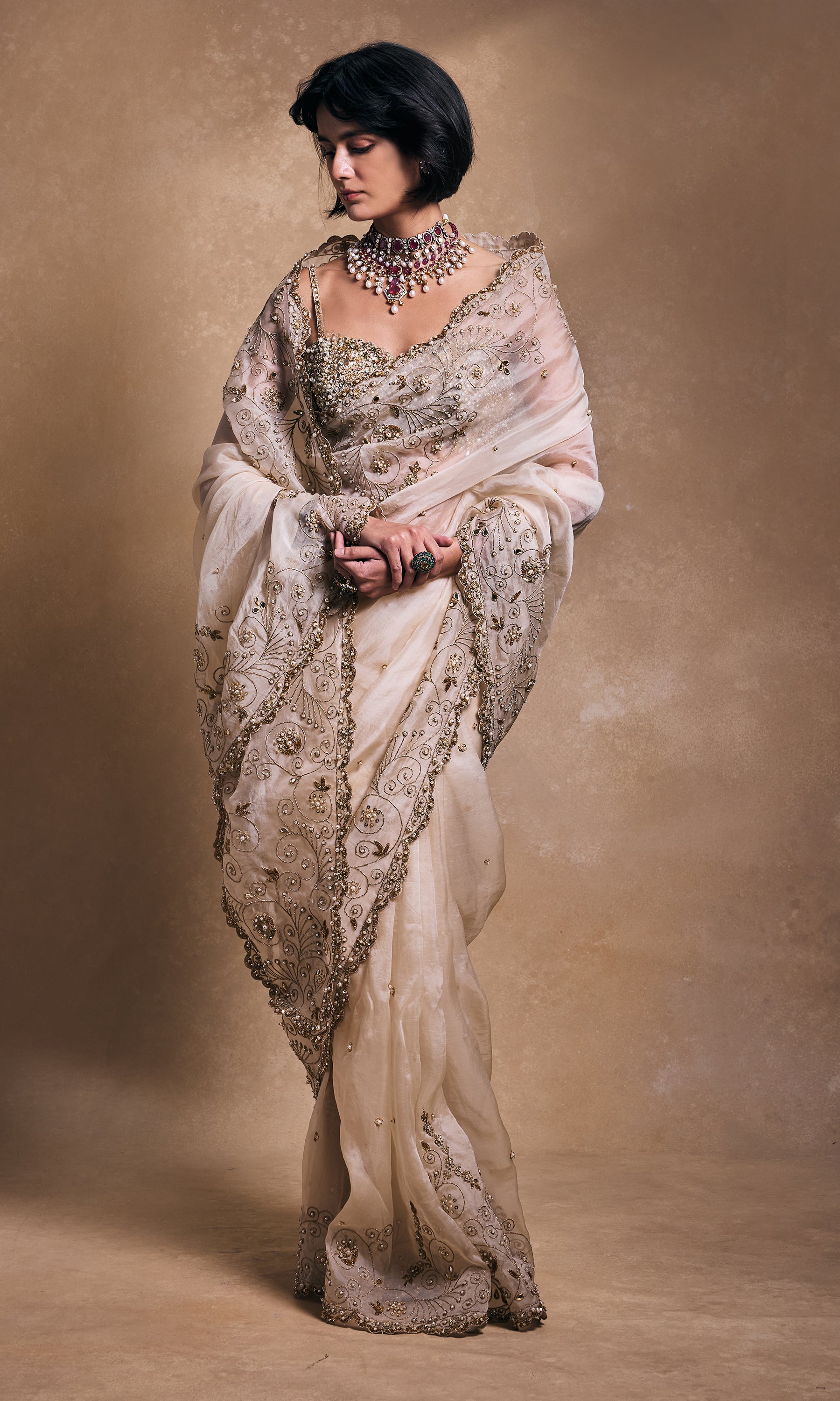 Cream Organza Saree