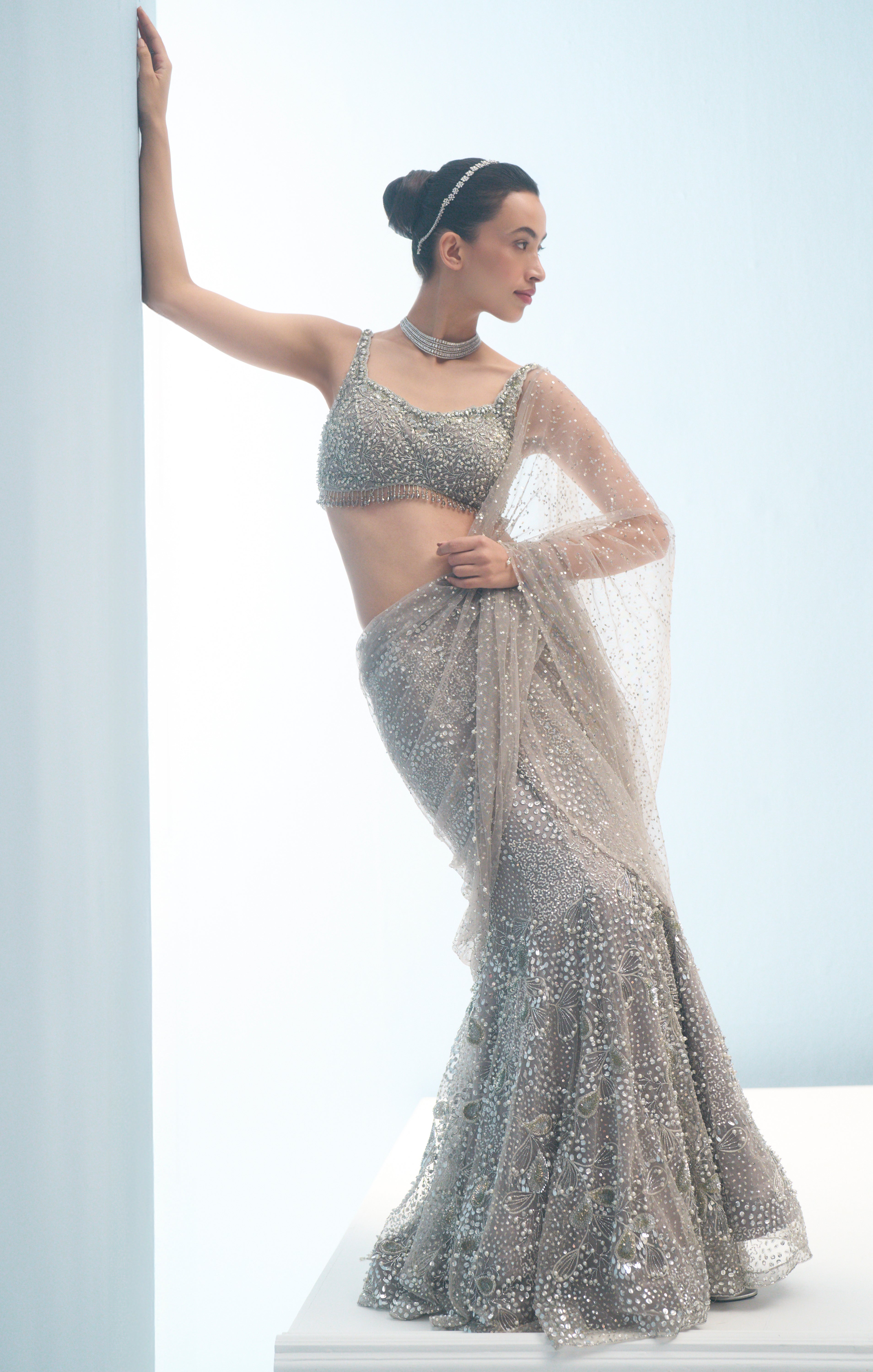 SILVER GREY TULLE  DRAPE LEHENGA SET