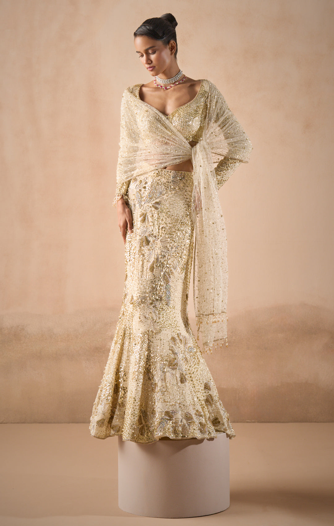 Ivory Georgette Fir And Flare Lehenga Set