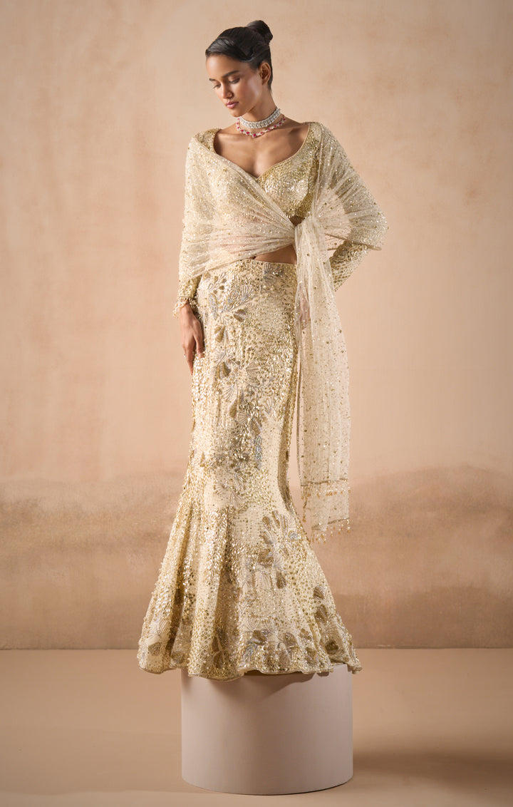 Ivory Georgette Fir And Flare Lehenga Set