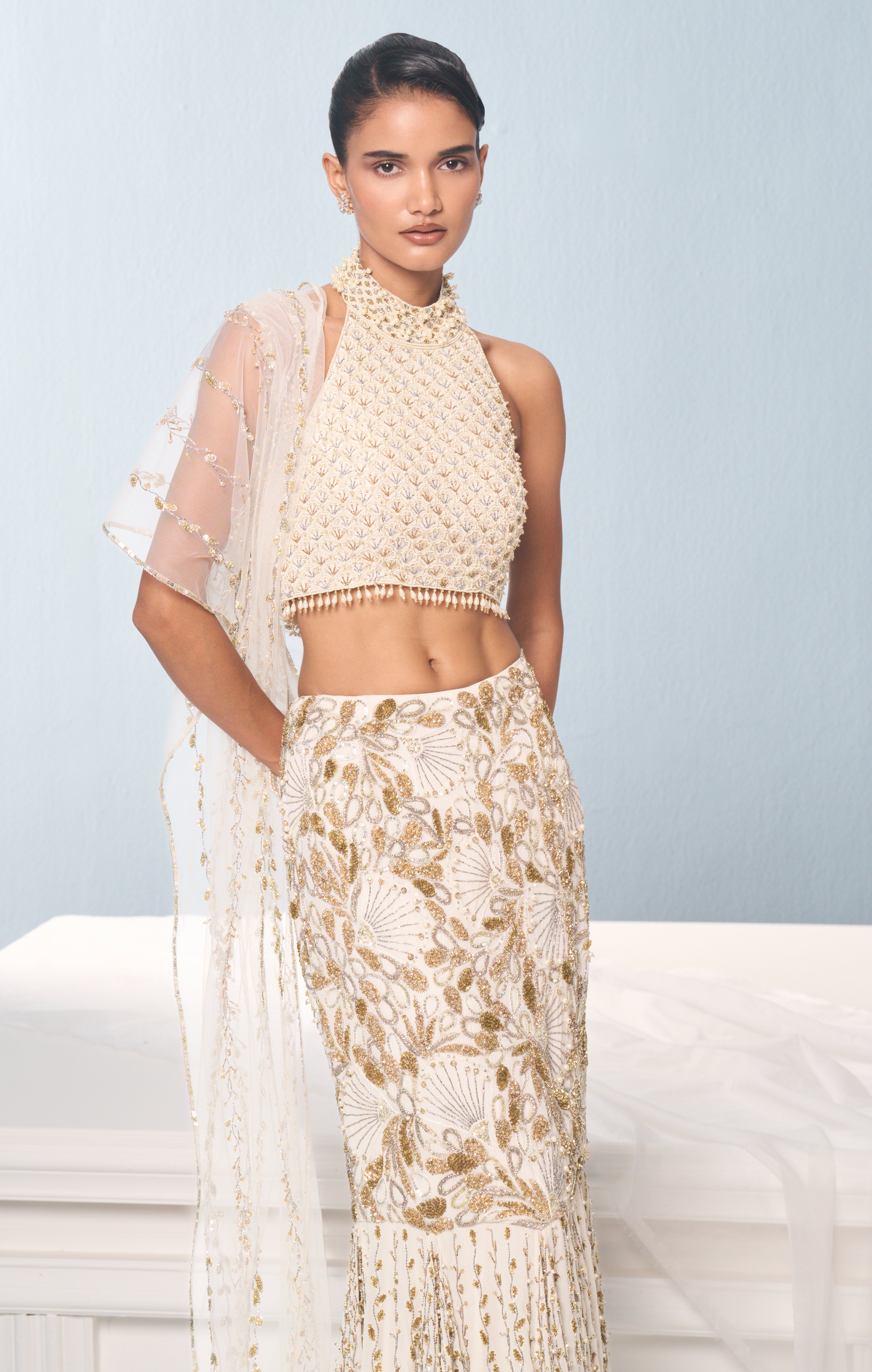 IVORY GEORGETTE  FIT AND FLARE LEHENGA SET