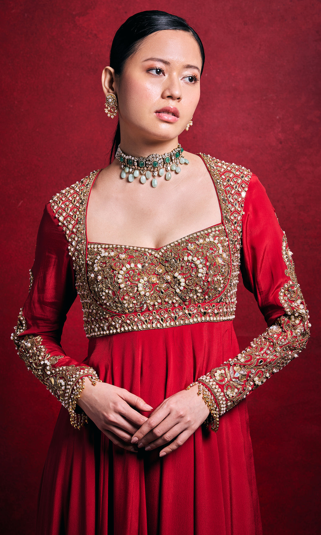 Red Crepe Anarkali Set