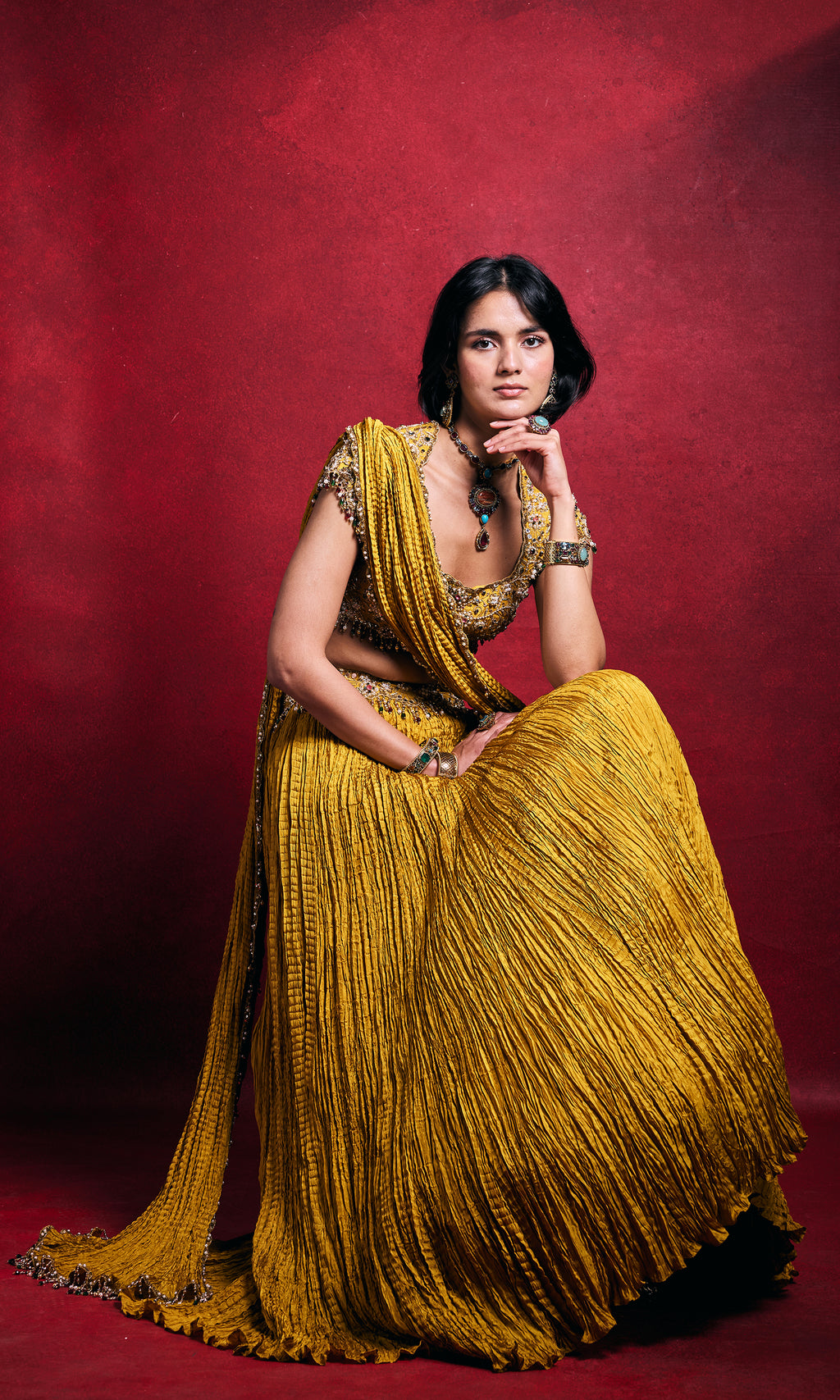 Mustard Crushed Lehenga Set