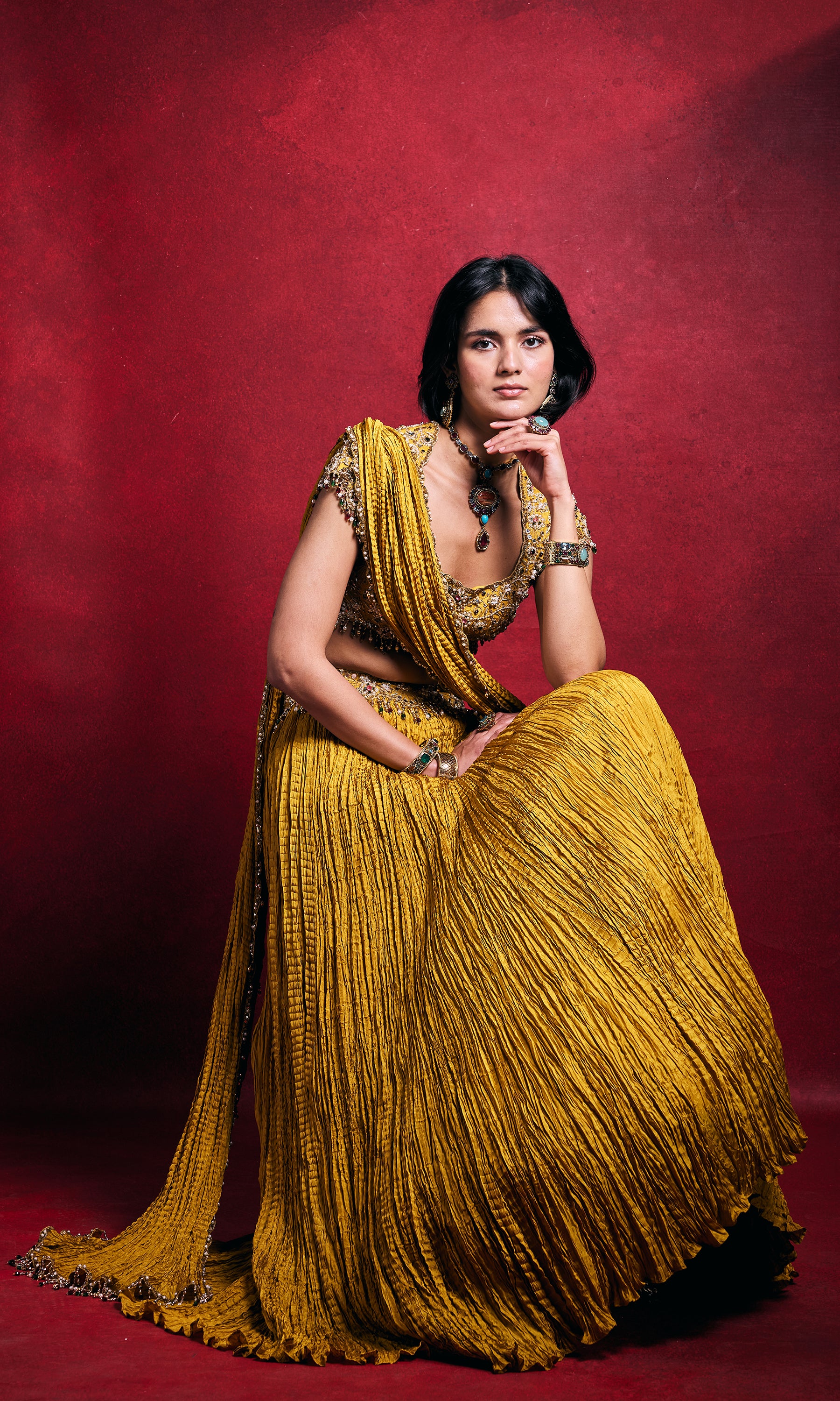 Mustard Crushed Lehenga Set