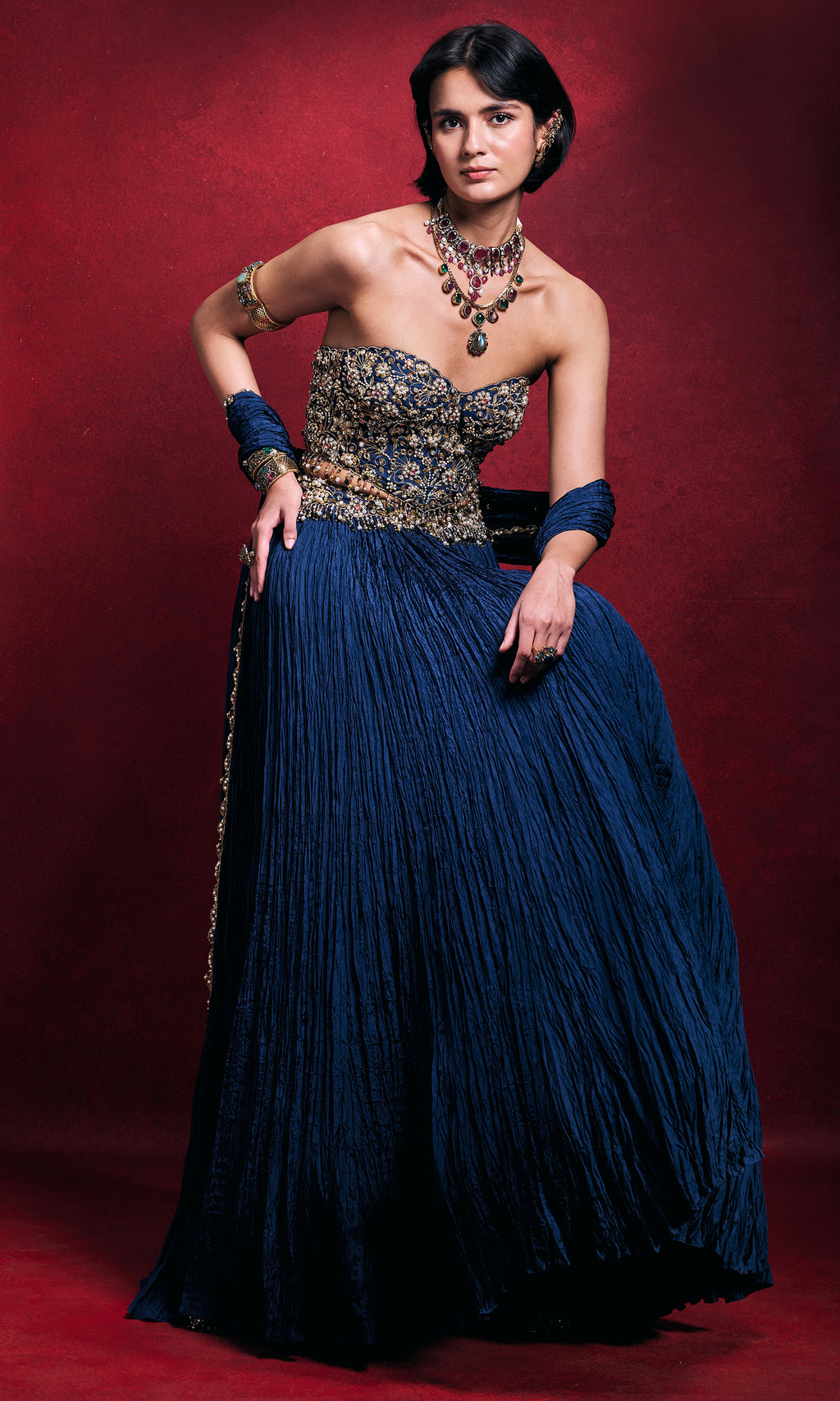 Royal Blue Crushed Lehenga Set