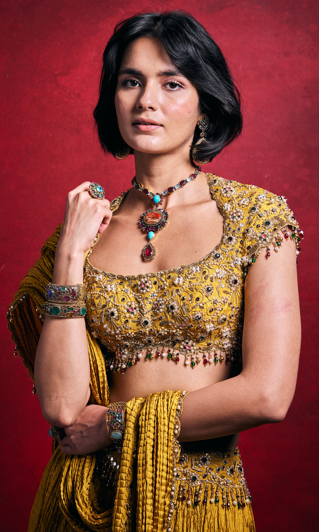 Mustard Crushed Lehenga Set