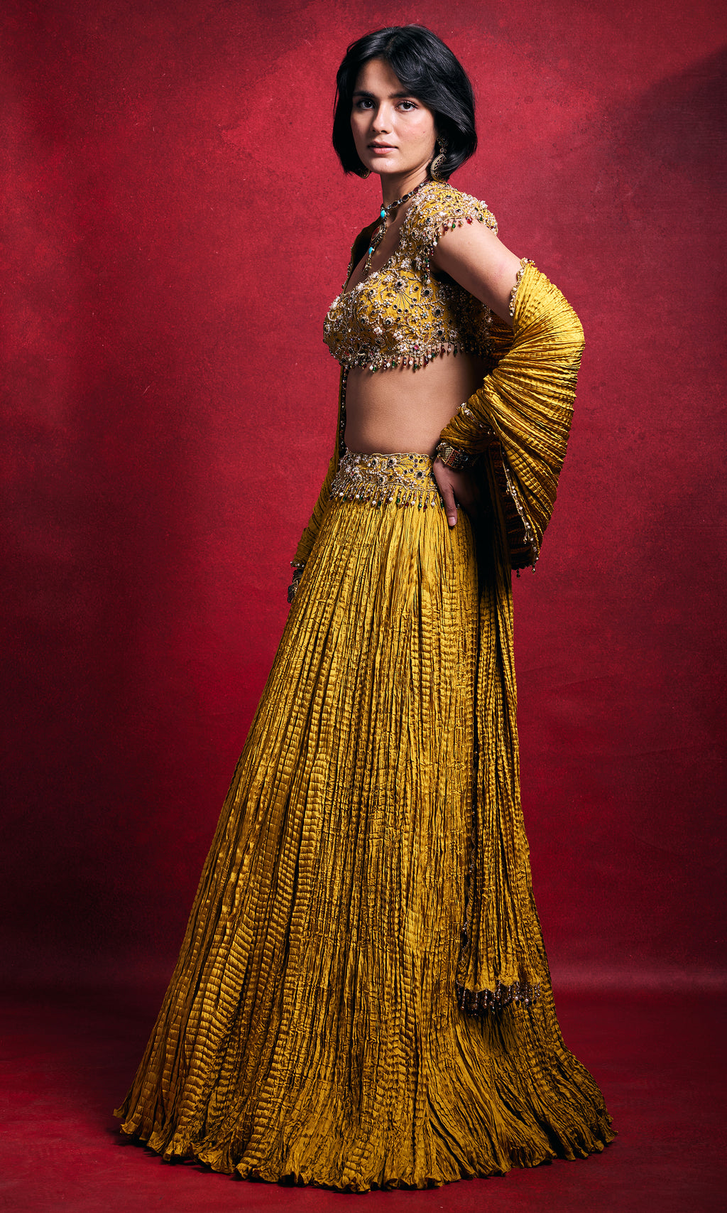 Mustard Crushed Lehenga Set