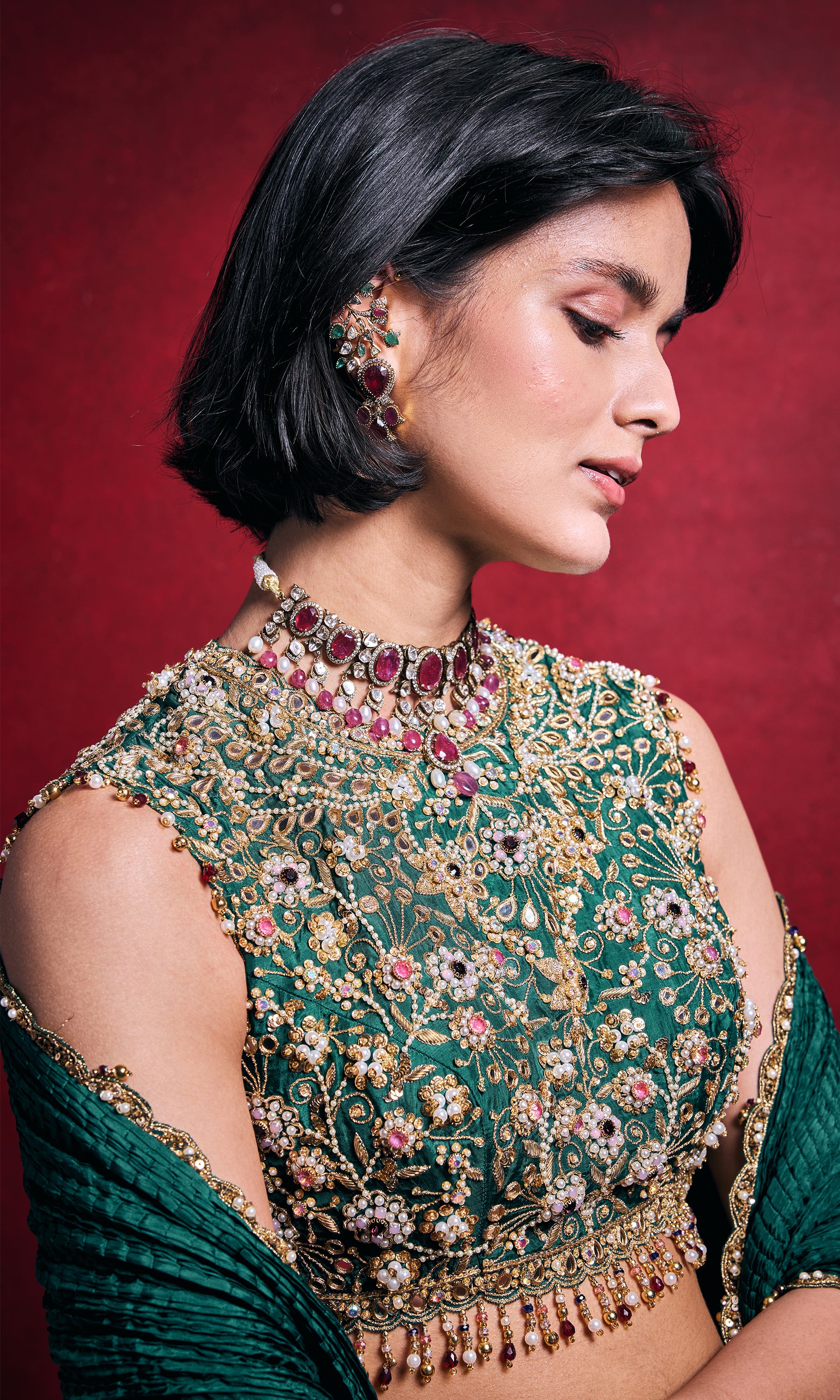 Emerald Green Crushed Lehenga Set