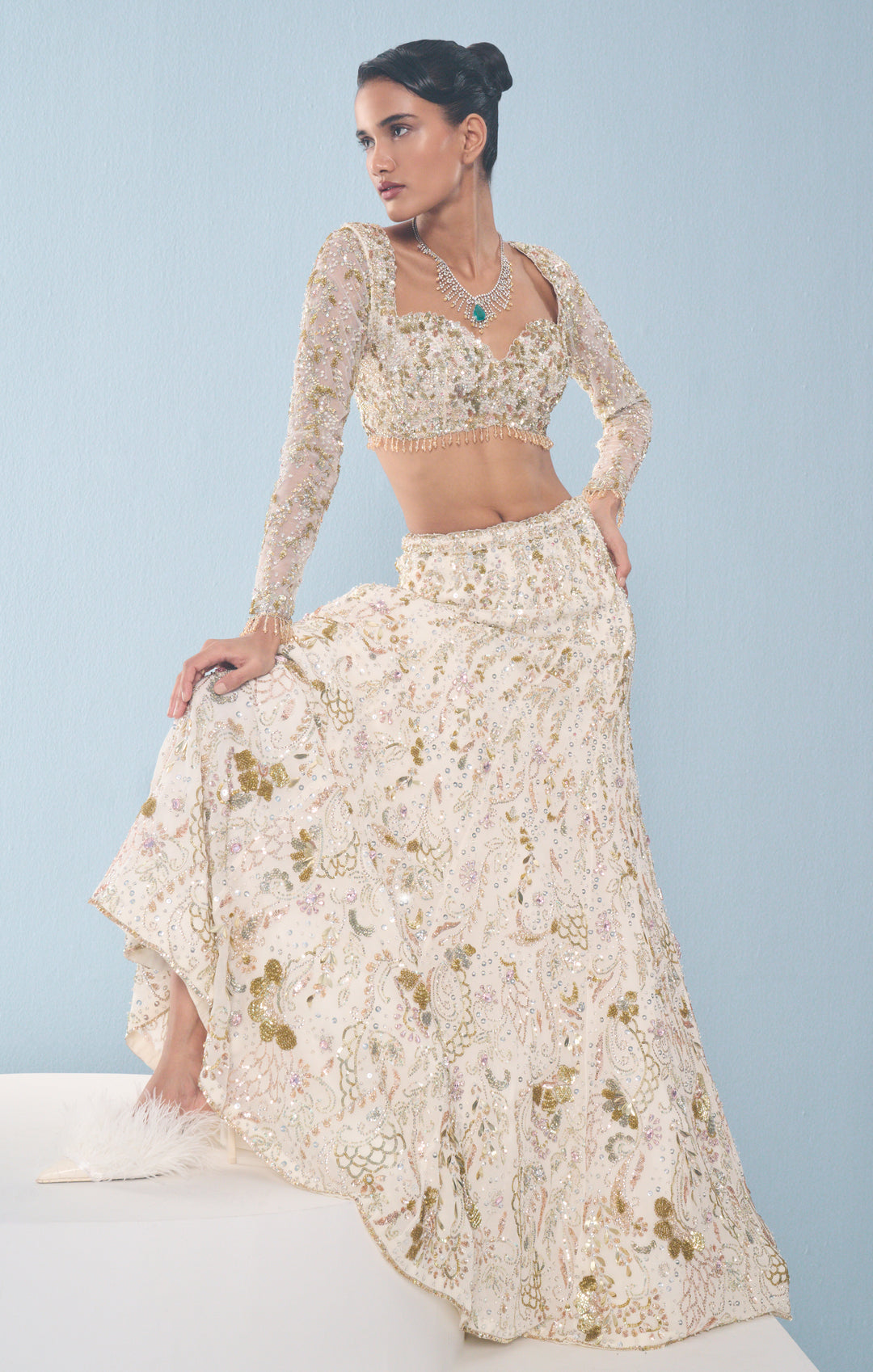 Ivory Georgette Fitted  Lehenga Set