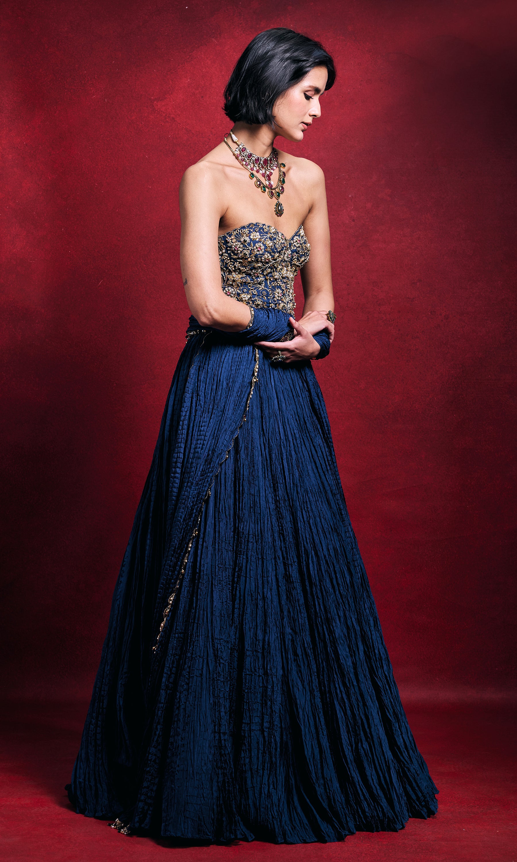 Royal Blue Crushed Lehenga Set