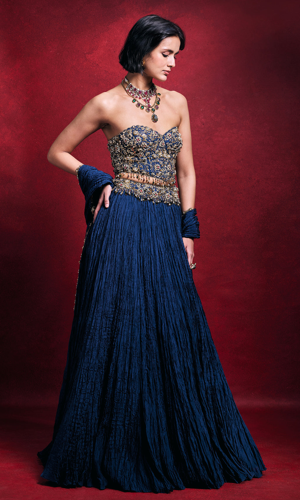 Royal Blue Crushed Lehenga Set